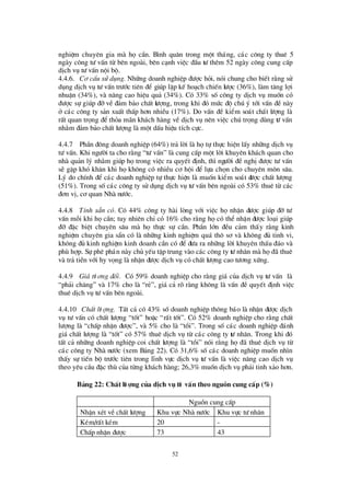 52
nghiÖm chuyª n gia mµ häcÇn. B×nh qu©n trong mét th¸ng, c¸c c«ng ty thuª 5
ngµy c«ng tö vÊn tõ bª n ngoµi, bª n c¹nh viÖc ®Çu tö thª m 52 ngµy c«ng cung cÊp
dÞch vô tö vÊn néi bé.
4.4.6. C¬ cÊu sö dông. Nh÷ng doanh nghiÖp ®ö îc hái, nãi chung cho biÕt r»ng sö
dông dÞch vô tö vÊn trö íc tiª n ®Ó gióp lËp kÕ ho¹ch chiÕn lö îc (36%), lµm t¨ng lîi
nhuËn (34%), vµ n©ng cao hiÖu qu¶ (34%). Cã 33% sèc«ng ty dÞch vô muèn cã
®ö îc sù gióp ®ìvÒ ®¶m b¶o chÊt lö îng, trong khi ®ã mø c ®é chó ý tíi vÊn ®Ò nµy
ë c¸c c«ng ty s¶n xuÊt thÊp h¬n nhiÒu (17%). Do vÊn ®Ò kiÓm so¸t chÊt lö îng lµ
rÊt quan träng ®Ótháa m· n kh¸ch hµng vÒ dÞch vô nª n viÖc chó träng dïng tö vÊn
nh»m ®¶m b¶o chÊt lö îng lµ mét dÊu hiÖu tÝch cùc.
4.4.7 PhÇn ®«ng doanh nghiÖp (64%) tr¶ lêi lµ hätù thùc hiÖn lÊy nh÷ng dÞch vô
tö vÊn. Khi ngö êi ta cho r»ng “tö vÊn” lµ cung cÊp mét lêi khuyª n kh¸ch quan cho
nhµ qu¶n lý nh»m gióp hätrong viÖc ra quyÕt ®Þnh, th×ngö êi ®Ò nghÞ®ö îc tö vÊn
sÏ gÆp khã kh¨n khi häkh«ng cã nhiÒu c¬ héi ®Ó lùa chän cho chuyª n m«n s©u.
Lý do chÝnh ®Ó c¸c doanh nghiÖp tù thùc hiÖn lµ muèn kiÓm so¸t ®ö îc chÊt lö îng
(51%). Trong sèc¸c c«ng ty sö dông dÞch vô tö vÊn bª n ngoµi cã 53% thuª tõ c¸c
®¬n vÞ, c¬ quan Nhµ nö íc.
4.4.8 TÝnh s½n cã. Cã 44% c«ng ty hµi lßng víi viÖc hänhËn ®ö îc gióp ®ì tö
vÊn mçi khi häcÇn; tuy nhiª n chØcã 16% cho r»ng häcã thÓ nhËn ®ö îc lo¹i gióp
®ì ®Æc biÖt chuyª n s©u mµ häthùc sù cÇn. PhÇn lín ®Òu c¶m thÊy r»ng kinh
nghiÖm chuyª n gia s½n cã lµ nh÷ng kinh nghiÖm qu¸ th« s¬ vµ kh«ng ®ñ tinh vi,
kh«ng ®ñ kinh nghiÖm kinh doanh cÇn cã ®Ó ®ö a ra nh÷ng lêi khuyª n thÊu ®¸o vµ
phïhîp. Sù phª ph¸n nµy chñ yÕu tËp trung vµo c¸c c«ng ty tö nh©n mµ hä®· thuª
vµ tr¶ tiÒn víi hy väng lµ nhËn ®ö îc dÞch vô cã chÊt lö îng cao tö ¬ng xø ng.
4.4.9 Gi¸tö ¬ng ®èi. Cã 59% doanh nghiÖp cho r»ng gi¸ cña dÞch vô tö vÊn lµ
“ph¶i ch¨ng” vµ 17% cho lµ “rÎ”, gi¸ c¶ râ rµng kh«ng lµ vÊn ®Ò quyÕt ®Þnh viÖc
thuª dÞch vô tö vÊn bª n ngoµi.
4.4.10 ChÊt lö îng. TÊt c¶ cã 43% sèdoanh nghiÖp th«ng b¸o lµ nhËn ®ö îc dÞch
vô tö vÊn cã chÊt lö îng “tèt” hoÆc “rÊt tèt”. Cã 52% doanh nghiÖp cho r»ng chÊt
lö îng lµ “chÊp nhËn ®ö îc”, vµ 5% cho lµ “tåi”. Trong sèc¸c doanh nghiÖp ®¸nh
gi¸ chÊt lö îng lµ “tèt” cã 57% thuª dÞch vô tõ c¸c c«ng ty tö nh©n. Trong khi ®ã
tÊt c¶ nh÷ng doanh nghiÖp coi chÊt lö îng lµ “tåi” nãi r»ng hä®· thuª dÞch vô tõ
c¸c c«ng ty Nhµ nö íc (xem B¶ng 22). Cã 31,6% sèc¸c doanh nghiÖp muèn nh×n
thÊy sù tiÕn bé trö íc tiª n trong lÜnh vùc dÞch vô tö vÊn lµ viÖc n©ng cao dÞch vô
theo yª u cÇu ®Æc thïcña tõng kh¸ch hµng; 26,3% muèn dÞch vô ph¶i tinh x¶o h¬n.
B¶ng 22: ChÊt lö îng cña dÞch vô tö vÊn theo nguån cung cÊp (%)
Nguån cung cÊp
NhËn xÐt vÒchÊt lö îng Khu vùc Nhµ nö íc Khu vùc tö nh©n
KÐm/rÊt kÐm 20 -
ChÊp nhËn ®ö îc 73 43
 