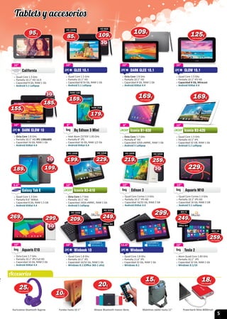 5
959595€
IVA incluido
Accesorios
8”
 » Intel Atom Z3735F 1.83 GHz
 » Pantalla 8” IPS
 » Capacidad 16 Gb, RAM 1/2 Gb
 » Android KitKat 4.4
Bq Edison 3 Mini
8”
10”
 » Atom Quad Core 1.83 GHz
 » Pantalla 10.1” IPS
 » Capacidad 32 Gb, RAM 2 Gb
 » Windows 8.1/10
Tesla 2
10”
Tesla 2
10”
 » Quad Core 1.8 Ghz
 » Pantalla 10.1” IPS
 » Capacidad 16/32 Gb, RAM 1 Gb
 » Windows 8.1 (Oﬃce 365-1 año)
Winbook 10
10”
Winbook 10
11.6”
 » Quad Core 1.8 Ghz
 » Pantalla 11.6” IPS
 » Capacidad 32 Gb, RAM 1 Gb
 » Windows 8.1
Winbook
11.6”
Winbook
10”
 » Octa Core 1.8 GHz
 » Pantalla 10.1” HD
 » Capacidad 8 Gb, RAM 1 Gb
 » Android KitKat 4.4
DARK GLEE 10.1
10”
10”
 » Octa Core 1.8 GHz
 » Pantalla 10.1” HD IPS 1280x800
 » Capacidad 16 Gb, RAM 1 Gb
 » Android KitKat 4.4
DARK GLOW 10
10”
10”
 » Quad Core 1.3 GHz
 » Pantalla 10.1” HD 16:9
 » Capacidad 8 Gb, RAM 1 Gb
 » Android 5.1 Lollipop
California
10”
California
10”
 » Quad Core 1.5 Ghz
 » Pantalla 10.1” IPS HD
 » Capacidad 8 Gb, Miracast
 » Android KitKat 4.4
GLOW 10.1
10”
GLOW 10.1
10”
 » Quad Core 1.5 GHz
 » Pantalla 10.1” HD
 » Capacidad 8/16 Gb, RAM 1 Gb
 » Android 5.1 Lollipop
GLEE 10.1
10”
GLEE 10.1
10”
 » Quad Core Cortex 1.3 GHz
 » Pantalla 10.1” IPS HD
 » Capacidad 16/32 Gb, RAM 2 GB
 » Android KitKat 4.4
Edison 3
10”
8”
 » Octa Core 1.7 GHz
 » Pantalla 8” HD
 » Capacidad 32Gb eMMC, RAM 1 Gb
 » Android 5 Lollipop
Iconia B1-830
8” 10”
 » Quad Core 1.3 GHz
 » Pantalla 10.1” IPS
 » Capacidad 32 GB, RAM 1 Gb
 » Android 5.1 Lollipop
Iconia B3-A20
10”
10”
 » Octa Core 1.7 GHz
 » Pantalla 10.1” HD
 » Capacidad 16Gb eMMC, RAM 1 Gb
 » Android 5 Lollipop
Iconia B3-A10
10” 10”
 » Quad Core Cortex 1.3 GHz
 » Pantalla 10.1” IPS HD
 » Capacidad 16 Gb, RAM 2 GB
 » Android 5.1 Lollipop
Aquaris M10
10”
Altavoz Bluetooth manos libres Maletines tablet hasta 11” Powerbank Nilox 8000mahAuriculares bluetooth Aqprox
181818€
IVA incluido
10”
 » Octa Core 1.7 GHz
 » Pantalla 10.1” IPS Full HD
 » Capacidad 16 Gb, RAM 2 Gb
 » Android KitKat 4.4
Aquaris E10
10”
Aquaris E10
2020€
IVA incluido
Fundas hasta 10.1”
1010€
IVA incluido
desde
1515€
IVA incluido
299299299€
IVA incluido
109109€
IVA incluido 125125125€
IVA incluido
9.6”
 » Quad Core 1.3 GHz
 » Pantalla 9.6” WXGA
 » Capacidad 8 Gb, RAM 1.5 GB
 » Android KitKat 4.4
Galaxy Tab E
9.6”
Galaxy Tab E
159159159€
IVA incluido
RAM 1GB
179179179€
IVA incluido
RAM 2GB
199199€
IVA incluido
189189€
IVA incluido
299299€
IVA incluidoIVA incluidoIVA incluidoIVA incluidoIVA incluido
269269€
IVA incluido
199199199€
IVA incluido
HD 16GB
185185€
IVA incluido
155155€
IVA incluido
858585€
IVA incluido
HD 16GB
109109109€
IVA incluido
HD 8GB
IVA incluidoIVA incluidoIVA incluidoIVA incluidoIVA incluidoIVA incluidoIVA incluidoIVA incluidoIVA incluidoIVA incluido
169169€
IVA incluido
169169€
IVA incluido
249249249€
IVA incluido
Win 8
Oﬃce 365
259259259€
IVA incluido
Win 10
229229€
IVA incluido
249249249€
IVA incluido
HD 32GB
Oﬃce 365
2525€
IVA incluido
229229229€
IVA incluido
HD 32GB
219219219€
IVA incluido
HD 16GB
259259259€
IVA incluido
HD 32GB
IVA incluidoIVA incluidoIVA incluidoIVA incluidoIVA incluidoIVA incluido
209209209€
IVA incluido
HD 16GB
Tablets y accesorios
 