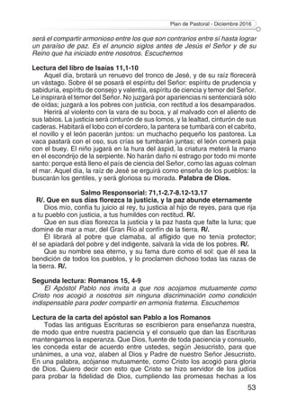Plan de Pastoral - Diciembre 2016
53
será el compartir armonioso entre los que son contrarios entre sí hasta lograr
un paraíso de paz. Es el anuncio siglos antes de Jesús el Señor y de su
Reino que ha iniciado entre nosotros. Escuchemos
Lectura del libro de Isaías 11,1-10
Aquel día, brotará un renuevo del tronco de Jesé, y de su raíz florecerá
un vástago. Sobre él se posará el espíritu del Señor: espíritu de prudencia y
sabiduría, espíritu de consejo y valentía, espíritu de ciencia y temor del Señor.
Le inspirará el temor del Señor. No juzgará por apariencias ni sentenciará sólo
de oídas; juzgará a los pobres con justicia, con rectitud a los desamparados.
Herirá al violento con la vara de su boca, y al malvado con el aliento de
sus labios. La justicia será cinturón de sus lomos, y la lealtad, cinturón de sus
caderas. Habitará el lobo con el cordero, la pantera se tumbará con el cabrito,
el novillo y el león pacerán juntos: un muchacho pequeño los pastorea. La
vaca pastará con el oso, sus crías se tumbarán juntas; el león comerá paja
con el buey. El niño jugará en la hura del áspid, la criatura meterá la mano
en el escondrijo de la serpiente. No harán daño ni estrago por todo mi monte
santo: porque está lleno el país de ciencia del Señor, como las aguas colman
el mar. Aquel día, la raíz de Jesé se erguirá como enseña de los pueblos: la
buscarán los gentiles, y será gloriosa su morada. Palabra de Dios.
Salmo Responsorial: 71,1-2.7-8.12-13.17
R/. Que en sus días florezca la justicia, y la paz abunde eternamente
Dios mío, confía tu juicio al rey, tu justicia al hijo de reyes, para que rija
a tu pueblo con justicia, a tus humildes con rectitud. R/.
Que en sus días florezca la justicia y la paz hasta que falte la luna; que
domine de mar a mar, del Gran Río al confín de la tierra. R/.
Él librará al pobre que clamaba, al afligido que no tenía protector;
él se apiadará del pobre y del indigente, salvará la vida de los pobres. R/.
Que su nombre sea eterno, y su fama dure como el sol: que él sea la
bendición de todos los pueblos, y lo proclamen dichoso todas las razas de
la tierra. R/.
Segunda lectura: Romanos 15, 4-9
El Apóstol Pablo nos invita a que nos acojamos mutuamente como
Cristo nos acogió a nosotros sin ninguna discriminación como condición
indispensable para poder compartir en armonía fraterna. Escuchemos
Lectura de la carta del apóstol san Pablo a los Romanos
Todas las antiguas Escrituras se escribieron para enseñanza nuestra,
de modo que entre nuestra paciencia y el consuelo que dan las Escrituras
mantengamos la esperanza. Que Dios, fuente de toda paciencia y consuelo,
les conceda estar de acuerdo entre ustedes, según Jesucristo, para que
unánimes, a una voz, alaben al Dios y Padre de nuestro Señor Jesucristo.
En una palabra, acójanse mutuamente, como Cristo los acogió para gloria
de Dios. Quiero decir con esto que Cristo se hizo servidor de los judíos
para probar la fidelidad de Dios, cumpliendo las promesas hechas a los
 