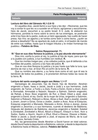 Plan de Pastoral - Diciembre 2016
75
17 Feria Privilegiada de Adviento
Sábado Morado
Lectura del libro del Génesis 49,1-2.8-10
En aquellos días, Jacob llamó a sus hijos y les dijo: «Reúnanse, que les
voy a contar lo que les va a suceder en el futuro; agrúpense y escúchenme,
hijos de Jacob, escuchen a su padre Israel: A ti, Judá, te alabarán tus
hermanos, pondrás la mano sobre la cerviz de tus enemigos, se postrarán
ante ti los hijos de tu padre. Judá es un león agazapado, has vuelto de hacer
presa, hijo mío; se agacha y se tumba como león o como leona, ¿quién se
atreve a desafiarlo? No se apartará de Judá el cetro, ni el bastón de mando
de entre sus rodillas, hasta que le traigan tributos y le rindan homenaje los
pueblos.» Palabra de Dios.
Salmo Responsorial: 71.
R/ “Que en sus días florezca la justicia, y la paz abunde eternamente”
Dios mío, confía tu juicio al rey, tu justicia al hijo de reyes, para que rija
a tu pueblo con justicia, a tus humildes con rectitud. R.
Que los montes traigan paz, y los collados justicia; que él defienda a los
humildes del pueblo, socorra a los hijos del pobre. R.
Que en sus días florezca la justicia y la paz hasta que falte la luna; que
domine de mar a mar, el Gran Río al confín de la tierra. R.
Que su nombre sea eterno, y su fama dure como el sol; que él sea la
bendición de todos los pueblos, y lo proclamen dichoso todas las razas de
la tierra. R.
Lectura del santo evangelio según san Mateo 1,1-17
Genealogía de Jesucristo, hijo de David, hijo de Abrahán. Abrahán
engendró a Isaac, Isaac a Jacob, Jacob a Judá y a sus hermanos. Judá
engendró, de Tamar, a Farés y a Zará, Farés a Esrón, Esrón a Aram, Aram
a Aminadab, Aminadab a Naasón, Naasón a Salmón, Salmón engendró,
de Rahab, a Booz; Booz engendró, de Rut, a Obed; Obed a Jesé, Jesé
engendró a David, el rey. David, de la mujer de Urías, engendró a Salomón,
Salomón a Roboam, Roboam a Abías, Abías a Asaf, Asaf a Josafat, Josafat
a Joram, Joram a Ozías, Ozías a Joatán, Joatán a Acaz, Acaz al Ezequías,
Ezequías engendró a Manasés, Manasés a Amós, Amos a Josías; Josías
engendró a Jeconías y a sus hermanos, cuando el destierro de Babilonia.
Después del destierro de Babilonia, Jeconías engendró a Salatiel, Salatiel
a Zorobabel, Zorobabel a Abiud, Abiud a Eliaquín, Eliaquín a Azor, Azor a
Sadoc, Sadoc a Aquím, Aquím a Eflud, Eliud a Eleazar, Eleazar a Matán,
Matán a Jacob; y Jacob engendró a José, el esposo de María, de la cual
nació Jesús, llamado Cristo.
Así, las generaciones desde Abrahán a David fueron en total catorce;
desde David hasta la deportación a Babilonia, catorce; y desde la deportación
a Babilonia hasta el Mesías, catorce. Palabra del Señor.
 