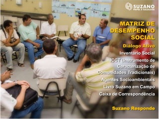 MATRIZ DE
     DESEMPENHO
          SOCIAL
           Diálogo Ativo
         Inventário Social
    ICCT (Instrumento de
       Caracterização de
Comunidades Tradicionais)
 Agentes Socioambientais
  Livro Suzano em Campo
Caixa de Correspondência


      Suzano Responde
 