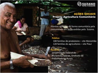 AÇÕES SOCIAIS
  Projeto Agricultura Comunitária


Plantios agrícolas de forma comunitária pela
comunidade em áreas cedidas pela Suzano.


 Público
  100 famílias de produtores – site Maranhão
  120 familias de agricultores – site Piauí

Parceria
 Universidade Federal do
 Maranhão, Sebrae, Sindicato de
 Trabalhadores Rurais
 