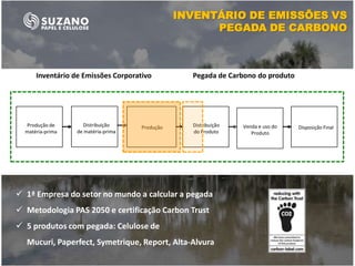 INVENTÁRIO DE EMISSÕES VS
                                                      PEGADA DE CARBONO



      Inventário de Emissões Corporativo          Pegada de Carbono do produto




  Produção de       Distribuição     Produção     Distribuição   Venda e uso do   Disposição Final
  matéria-prima   de matéria-prima                do Produto        Produto




 1ª Empresa do setor no mundo a calcular a pegada
 Metodologia PAS 2050 e certificação Carbon Trust
 5 produtos com pegada: Celulose de
  Mucuri, Paperfect, Symetrique, Report, Alta-Alvura
 