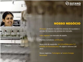 NOSSO NEGÓCIO
2º maior produtor mundial de celulose de eucalipto e
um dos 10 maiores de celulose de mercado.

Líder regional no mercado de papéis.

Plantios e produtos certificados.

Novo ciclo de expansão: de 2,8 milhões para 7,2
milhões de toneladas/ano de papel e celulose até
2015.

Novos negócios: Futuragene e Suzano Energia
Renovável
 
