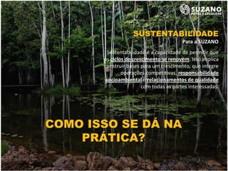 SUSTENTABILIDADE
                                         Para a SUZANO
         Sustentabilidade é a capacidade de permitir que
       os ciclos de crescimento se renovem. Isso implica
       construir bases para um crescimento, que integre
               operações competitivas, responsabilidade
        socioambiental e relacionamentos de qualidade
                        com todas as partes interessadas.




COMO ISSO SE DÁ NA
    PRÁTICA?
 