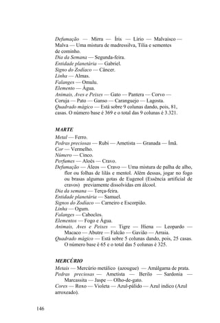 146
Defumação — Mirra — Íris — Lírio — Malvaísco —
Malva — Uma mistura de madressilva, Tília e sementes
de cominho.
Dia da Semana — Segunda-feira.
Entidade planetária — Gabriel.
Signo do Zodíaco — Câncer.
Linha — Almas.
Falanges — Omulu.
Elemento — Água.
Animais, Aves e Peixes — Gato — Pantera — Corvo —
Coruja — Pato — Ganso — Caranguejo — Lagosta.
Quadrado mágico — Está sobre 9 colunas dando, pois, 81,
casas. O número base é 369 e o total das 9 colunas é 3.321.
MARTE
Metal — Ferro.
Pedras preciosas — Rubi — Ametista — Granada — Ímã.
Cor — Vermelho.
Número — Cinco.
Perfumes — Aloés — Cravo.
Defumação — Áleos — Cravo — Uma mistura de palha de alho,
flor ou folhas de lilás e mentol. Além dessas, jogar no fogo
ou brasas algumas gotas de Eugenol (Essência artificial de
cravos) previamente dissolvidas em álcool.
Dia da semana — Terça-feira.
Entidade planetária — Samuel.
Signos do Zodíaco — Carneiro e Escorpião.
Linha — Ogum.
Falanges — Caboclos.
Elementos — Fogo e Água.
Animais, Aves e Peixes — Tigre — Hiena — Leopardo —
Macaco — Abutre — Falcão — Gavião — Arraia.
Quadrado mágico — Está sobre 5 colunas dando, pois, 25 casas.
O número base é 65 e o total das 5 colunas é 325.
MERCÚRIO
Metais — Mercúrio metálico (azougue) — Amálgama de prata.
Pedras preciosas — Ametista — Berilo — Sardonia —
Marcassita — Jaspe — Olho-de-gato.
Cores — Roxo — Violeta — Azul-pálido — Azul indico (Azul
arroxeado).
 