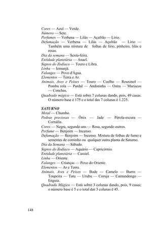 148
Cores — Azul — Verde.
Número — Sete.
Perfumes — Verbena — Lilás — Açafrão — Lírio.
Defumação — Verbena — Lilás — Açafrão — Lírio —
Também uma mistura de folhas de lírio, pinheiro, lilás e
rosas.
Dia da semana — Sexta-feira.
Entidade planetária — Anael.
Signos do Zodíaco — Touro e Libra.
Linha — Iemanjá.
Falanges — Povo d'Água.
Elementos — Terra e Ar.
Animais, Aves e Peixes — Touro — Coelho — Rouxinol —
Pomba rola — Pardal — Andorinha — Ostra — Mariscos
— Conchas.
Quadrado mágico — Está sobre 7 colunas dando, pois, 49 casas.
O número base é 175 e o total das 7 colunas é 1.225.
SATURNO
Metal — Chumbo.
Pedras preciosas — Ônix — Jade — Pérola-escura —
Cornália.
Cores — Negra, segundo uns — Rosa, segundo outros.
Perfume — Benjoim — Incenso.
Defumação — Benjoim — Incenso. Mistura de folhas de fumo e
sementes de cominho ou qualquer outra planta de Saturno.
Dia da Semana — Sábado.
Signos do Zodíaco — Aquário — Capricórnio.
Entidade planetária — Cassiel.
Linha — Oriente.
Falanges — Crianças — Povo do Oriente.
Elementos — Ar e Terra.
Animais, Aves e Peixes — Bode — Camelo — Burro —
Toupeira — Tatu — Urubu — Coruja — Camundongo —
Enguia.
Quadrado Mágico — Está sobre 3 colunas dando, pois, 9 casas;
o número base é 5 e o total das 3 colunas é 45.
 