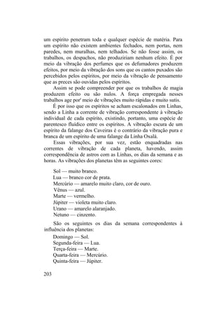 um espírito penetram toda e qualquer espécie de matéria. Para
um espírito não existem ambientes fechados, nem portas, nem
paredes, nem muralhas, nem telhados. Se não fosse assim, os
trabalhos, os despachos, não produziriam nenhum efeito. É por
meio da vibração dos perfumes que os defumadores produzem
efeitos, por meio da vibração dos sons que os cantos puxados são
percebidos pelos espíritos, por meio da vibração de pensamento
que as preces são ouvidas pelos espíritos.
Assim se pode compreender por que os trabalhos de magia
produzem efeito ou são nulos. A força empregada nesses
trabalhos age por' meio de vibrações muito rápidas e muito sutis.
É por isso que os espíritos se acham escalonados em Linhas,
sendo a Linha a corrente de vibração correspondente à vibração
individual de cada espírito, existindo, portanto, uma espécie de
parentesco fluídico entre os espíritos. A vibração escura de um
espírito da falange dos Caveiras é o contrário da vibração pura e
branca de um espírito de uma falange da Linha Oxalá.
Essas vibrações, por sua vez, estão enquadradas nas
correntes de vibração de cada planeta, havendo, assim
correspondência de astros com as Linhas, os dias da semana e as
horas. As vibrações dos planetas têm as seguintes cores:
Sol — muito branco.
Lua — branco cor de prata.
Mercúrio — amarelo muito claro, cor de ouro.
Vênus — azul.
Marte — vermelho.
Júpiter — violeta muito claro.
Urano — amarelo alaranjado.
Netuno — cinzento.
São os seguintes os dias da semana correspondentes à
influência dos planetas:
Domingo — Sol.
Segunda-feira — Lua.
Terça-feira — Marte.
Quarta-feira — Mercúrio.
Quinta-feira — Júpiter.
203
 