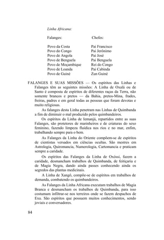 Linha Africana:
Falanges: Chefes:
Povo da Costa Pai Francisco
Povo do Congo Pai Jerônimo
Povo de Angola Pai José
Povo de Benguela Pai Benguela
Povo de Moçambique Rei do Congo
Povo de Loanda Pai Cabinda
Povo de Guiné Zun Guiné
FALANGES E SUAS MISSÕES — Os espíritos das Linhas e
Falanges têm as seguintes missões: A Linha de Oxalá ou de
Santo é composta de espíritos de diferentes raças da Terra, não
somente brancos e pretos — da Bahia, pretos-Mina, frades,
freiras, padres e em geral todas as pessoas que foram devotas e
muito religiosas.
As falanges desta Linha penetram nas Linhas de Quimbanda
a fim de diminuir o mal produzido pelos quimbandeiros.
Os espíritos da Linha de Iemanjá, repartidos entre as suas
Falanges, são protetores de marinheiros e de criaturas do sexo
feminino, fazendo limpeza fluídica nos rios e no mar, enfim,
trabalhando sempre para o bem.
As Falanges da Linha do Oriente compõem-se de espíritos
de cientistas versados em ciências ocultas. São mestres em
Astrologia, Quiromancia, Numerologia, Cartomancia e praticam
sempre a caridade.
Os espíritos das Falanges da Linha de Oxóssi, fazem a
caridade, desmancham trabalhos de Quimbanda, de feitiçaria e
de Magia Negra, dando ainda passes conhecendo ainda os
segredos das plantas medicinais.
A Linha de Xangô, compõe-se de espíritos em trabalhos de
demanda, combatendo os quimbandeiros.
As Falanges da Linha Africana executam trabalhos de Magia
Branca e desmancham os trabalhos de Quimbanda, para isso
costumam infiltrar-se nos terreiros onde se fazem despachos de
Exu. São espíritos que possuem muitos conhecimentos, sendo
joviais e conversadores.
84
 