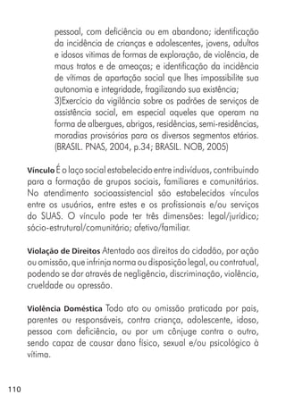 110
pessoal, com deficiência ou em abandono; identificação
da incidência de crianças e adolescentes, jovens, adultos
e idosos vitimas de formas de exploração, de violência, de
maus tratos e de ameaças; e identificação da incidência
de vítimas de apartação social que lhes impossibilite sua
autonomia e integridade, fragilizando sua existência;
3)Exercício da vigilância sobre os padrões de serviços de
assistência social, em especial aqueles que operam na
forma de albergues, abrigos, residências, semi-residências,
moradias provisórias para os diversos segmentos etários.
(BRASIL. PNAS, 2004, p.34; BRASIL. NOB, 2005)
Vínculo É o laço social estabelecido entre indivíduos, contribuindo
para a formação de grupos sociais, familiares e comunitários.
No atendimento socioassistencial são estabelecidos vínculos
entre os usuários, entre estes e os profissionais e/ou serviços
do SUAS. O vínculo pode ter três dimensões: legal/jurídico;
sócio-estrutural/comunitário; afetivo/familiar.
Violação de Direitos Atentado aos direitos do cidadão, por ação
ouomissão,queinfrinjanormaoudisposiçãolegal,oucontratual,
podendo se dar através de negligência, discriminação, violência,
crueldade ou opressão.
Violência Doméstica Todo ato ou omissão praticada por pais,
parentes ou responsáveis, contra criança, adolescente, idoso,
pessoa com deficiência, ou por um cônjuge contra o outro,
sendo capaz de causar dano físico, sexual e/ou psicológico à
vítima.
 