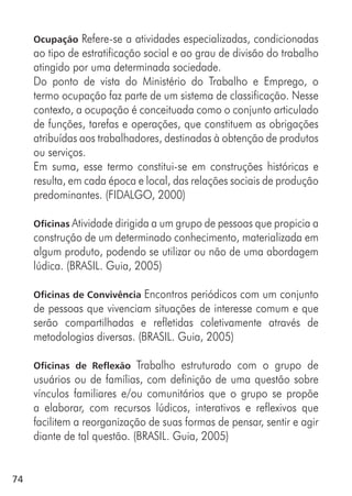 74
Ocupação Refere-se a atividades especializadas, condicionadas
ao tipo de estratificação social e ao grau de divisão do trabalho
atingido por uma determinada sociedade.
Do ponto de vista do Ministério do Trabalho e Emprego, o
termo ocupação faz parte de um sistema de classificação. Nesse
contexto, a ocupação é conceituada como o conjunto articulado
de funções, tarefas e operações, que constituem as obrigações
atribuídas aos trabalhadores, destinadas à obtenção de produtos
ou serviços.
Em suma, esse termo constitui-se em construções históricas e
resulta, em cada época e local, das relações sociais de produção
predominantes. (FIDALGO, 2000)
Oficinas Atividade dirigida a um grupo de pessoas que propicia a
construção de um determinado conhecimento, materializada em
algum produto, podendo se utilizar ou não de uma abordagem
lúdica. (BRASIL. Guia, 2005)
Oficinas de Convivência Encontros periódicos com um conjunto
de pessoas que vivenciam situações de interesse comum e que
serão compartilhadas e refletidas coletivamente através de
metodologias diversas. (BRASIL. Guia, 2005)
Oficinas de Reflexão Trabalho estruturado com o grupo de
usuários ou de famílias, com definição de uma questão sobre
vínculos familiares e/ou comunitários que o grupo se propõe
a elaborar, com recursos lúdicos, interativos e reflexivos que
facilitem a reorganização de suas formas de pensar, sentir e agir
diante de tal questão. (BRASIL. Guia, 2005)
 