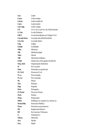 Lat. Latim
Lat.a. Latimantigo
Lat.m. Latimmedieval
Lat.t. Latimtardio
Lat.vulg. Latimvulgar
LE Livro dos espíritos deAllanKardec
L.Fal. LeideFalência
LICC LeideIntroduçãoaoCódigoCivil
Loc.adv.bras. Locuçãoadverbialbrasileira
Loc.lat. Locuçãolatina
Lóg. Lógica
Lomb. Lombardo
Min. Ministro
ML Medicinalegal
Mor. Moral
MP MinistérioPúblico
OAB OrdemdosAdvogadosdoBrasil
Org.Jud. OrganizaçãoJudiciária
P/ Por ou pelo
Part. Particípiooupartícula
P. Civil ProcessoCivil
P. ex. Porexemplo
P. ext. Porextensão
Pl. Plural
Pol. Polonês
Pop. Popular
Port. Português
P. Penal ProcessoPenal.
Pref. Prefixo
Prep. Preposição
P.R.I. Publique-se,registre-se,intime-se
Prom.Púb. PromotorPúblico
Pron. Pronomeoupronúncia
RI RegimentoInterno
RT RevistadosTribunais
S. Substantivo
Sânsc. Sânscrito
Séc. Século
Seç. Seção
 