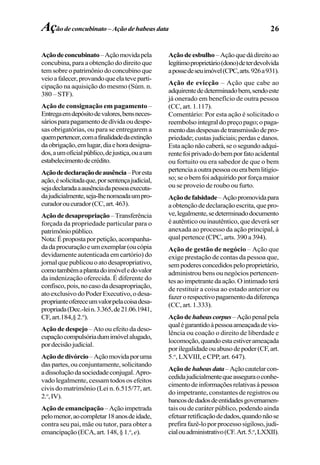 26
Açãodeconcubinato–Açãomovidapela
concubina, para a obtenção do direito que
tem sobre o patrimônio do concubino que
veioafalecer,provandoqueelateveparti-
cipação na aquisição do mesmo (Súm. n.
380 – STF).
Ação de consignação em pagamento –
Entregaemdepósitodevalores,bensneces-
sáriosparapagamentodedívidaoudespe-
sas obrigatórias, ou para se entregarem a
quempertencer,comafinalidadedaextinção
daobrigação,emlugar,diaehoradesigna-
dos,aumoficialpúblico,dejustiça,ouaum
estabelecimentodecrédito.
Açãodedeclaraçãodeausência–Poresta
ação,ésolicitadaque,porsentençajudicial,
sejadeclaradaaausênciadapessoaexecuta-
dajudicialmente,seja-lhenomeadaumpro-
curadoroucurador(CC,art.463).
Açãodedesapropriação–Transferência
forçada da propriedade particular para o
patrimôniopúblico.
Nota:Épropostaporpetição,acompanha-
dadaprocuraçãoeumexemplar(oucópia
devidamente autenticada em cartório) do
jornalquepublicouoatodesapropriativo,
comotambémaplantadoimóveledovalor
da indenização oferecida. É diferente do
confisco,pois,nocasodadesapropriação,
atoexclusivodoPoderExecutivo,odesa-
proprianteofereceumvalorpelacoisadesa-
propriada(Dec.-lein.3.365,de21.06.1941,
CF, art.184,§ 2.o
).
Ação de despejo – Ato ou efeito da deso-
cupaçãocompulsóriadumimóvelalugado,
pordecisãojudicial.
Açãodedivórcio–Açãomovidaporuma
das partes, ou conjuntamente, solicitando
adissoluçãodasociedadeconjugal.Apro-
vado legalmente, cessam todos os efeitos
civis do matrimônio (Lei n. 6.515/77, art.
2.o
,IV).
Açãodeemancipação–Açãoimpetrada
pelomenor,aocompletar18anosdeidade,
contra seu pai, mãe ou tutor, para obter a
emancipação(ECA,art.148,§1.o
,e).
Açãodeesbulho–Açãoquedádireitoao
legítimoproprietário(dono)deterdevolvida
apossedeseuimóvel(CPC,arts.926a931).
Ação de evicção – Ação que cabe ao
adquirentededeterminadobem,sendoeste
já onerado em benefício de outra pessoa
(CC, art. 1.117).
Comentário: Por esta ação é solicitado o
reembolsointegraldopreçopago;opaga-
mentodasdespesasdetransmissãodepro-
priedade;custasjudiciais;perdasedanos.
Estaaçãonãocaberá,seosegundoadqui-
rentefoiprivadodobemporfatoacidental
ou fortuito ou era sabedor de que o bem
pertenciaaoutrapessoaouerabemlitigio-
so;seobemfoiadquiridoporforçamaior
ou se proveio de roubo ou furto.
Açãodefalsidade–Açãopromovidapara
aobtençãodedeclaraçãoescrita,quepro-
ve,legalmente,sedeterminadodocumento
é autêntico ou inautêntico, que deverá ser
anexada ao processo da ação principal, à
qual pertence (CPC, arts. 390 a 394).
Ação de gestão de negócio – Ação que
exige prestação de contas da pessoa que,
sempoderesconcedidospeloproprietário,
administrou bens ou negócios pertencen-
tesaoimpetrantedaação.Ointimadoterá
de restituir a coisa ao estado anterior ou
fazerorespectivopagamentodadiferença
(CC, art. 1.333).
Açãodehabeascorpus–Açãopenalpela
qualégarantidoàpessoaameaçadadevio-
lência ou coação o direito de liberdade e
locomoção,quandoestaestiverameaçada
porilegalidadeouabusodepoder(CF,art.
5.o
, LXVIII, e CPP, art. 647).
Açãodehabeasdata–Açãocautelarcon-
cedidajudicialmentequeasseguraoconhe-
cimentodeinformaçõesrelativasàpessoa
do impetrante, constantes de registros ou
bancosdedadosdeentidadesgovernamen-
tais ou de caráter público, podendo ainda
efetuarretificaçãodedados,quandonãose
prefirafazê-loporprocessosigiloso,judi-
cialouadministrativo(CF.Art.5.o
,LXXII).
Açãodeconcubinato –Açãodehabeasdata
 