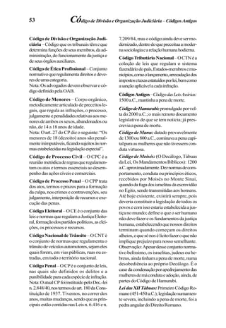 53
Códigode DivisãoeOrganizaçãoJudi-
ciária–Códigoqueostribunaistêmeque
determinafunçõesdeseusmembros,daad-
ministração,dofuncionamentodajustiçae
deseusórgãosauxiliares.
CódigodeÉticaProfissional–Conjunto
normativoqueregulamentadireitosedeve-
resdeumacategoria.
Nota:Osadvogadosdevemobservarocó-
digodefinidopelaOAB.
Código de Menores – Corpo orgânico,
metodicamentearticuladodepreceitosle-
gais, que regula as infrações, o processo,
julgamentoepenalidadesrelativasaosme-
noresdeambosossexos,abandonadosou
não, de 14 a 18 anos de idade.
Nota: O art. 27 do CP diz o seguinte: “Os
menores de 18 (dezoito) anos são penal-
menteinimputáveis,ficandosujeitosàsnor-
masestabelecidasnalegislaçãoespecial”.
Código de Processo Civil – O CPC é a
reuniãometódicaderegrasqueregulamen-
tam os atos e termos essenciais ao desem-
penhodasaçõescíveisecomerciais.
Código de Processo Penal –OCPPtrata
dos atos, termos e prazos para a formação
da culpa, nos crimes e contravenções, seu
julgamento,interposiçãoderecursoseexe-
cuçãodaspenas.
CódigoEleitoral–OCEéoconjuntodas
leisenormasqueregulamaJustiçaEleito-
ral,formaçãodospartidospolíticos,aselei-
ções, os processos e recursos.
CódigoNacionaldeTrânsito–OCNTé
o conjunto de normas que regulamenta o
trânsitodeveículosautomotores,sejameles
quais forem, em vias públicas, ruas ou es-
tradas, em todo o território nacional.
CódigoPenal–OCPéoconjuntodeleis,
nas quais são definidos os delitos e a
punibilidadeparacadaespéciedeinfração.
Nota:OatualCPfoiinstituídopeloDec.-lei
n.2.848/40,nostermosdoart.180daCons-
tituição de 1937. Tivemos, no correr dos
anos,muitasmudanças,sendoqueasprin-
cipaisestãocontidasnasLeisn.6.416en.
7.209/84,masocódigoaindadevesermo-
dernizado,dentrodoquepreceituaamoder-
nasociologiaearelaçãohumanahodierna.
CódigoTributárioNacional–OCTNéa
coleção de leis que regulam o sistema
fazendáriodopaís,Estados-membrosemu-
nicípios,comoolançamento,arrecadaçãodos
impostosetaxasestatuídosporlei,bemcomo
asançãoaplicávelacadainfração.
CódigosAntigos–CódigodasLeisAssírias:
1500a.C.,mantinhaapenademorte.
CódigodeHamurabi:promulgadoporvol-
tado2000a.C.;omaisremotodocumento
legislativo de que se tem notícia; já pres-
creviaapenademorte.
Código de Manu: datado provavelmente
de1300ou800a.C.,cominavaapenacapi-
talparaasmulheresquenãotivessemcon-
duta virtuosa.
Código de Moisés: (O Decálogo, Tábuas
da Lei, Os Mandamentos Bíblicos): 1200
a.C.aproximadamente.Deznormasdecom-
portamento, conduta ou princípios éticos,
recebidos por Moisés no Monte Sinai,
quandodafugadosisraelitasdaescravidão
no Egito, sendo transmitidas aos homens.
Até hoje existente, existirá sempre, pois
deveria constituir a legislação de todos os
povosecomissoestariaestabelecidaajus-
tiçanomundo;defineoqueoserhumano
nãodevefazereosfundamentosdajustiça
humana,estabelecendoquenossosdireitos
terminam quando começam os direitos
alheios,equesónosélícitofazeroquenão
impliqueprejuízoparanossosemelhante.
Observação:Apesardesseconjuntonorma-
tivo belíssimo, os israelitas, judeus ou he-
breus,aindatinhamapenademorte,numa
desobediência ao próprio Decálogo. É o
casodacondenaçãoporapedrejamentodas
mulheresdemácondutaeadoção,ainda,de
partesdoCódigodeHamurabi.
LeidasXIITábuas:PrimeiroCódigoRo-
mano(451-450a.C.);legislaçãosumamen-
te severa, incluindo a pena de morte, foi a
pedraangulardoDireitoRomano.
Código de Divisão e Organização Judiciária – CódigosAntigos
 