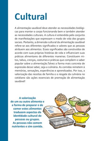 Cultural
A alimentação saudável deve atender as necessidades biológicas para manter o corpo funcionando bem e também atender
as necessidades culturais. A cultura é entendida pelo conjunto
de manifestações que expressam o modo de vida dos grupos
sociais. Portanto, a dimensão cultural da alimentação saudável
refere-se aos diferentes significados e valores que as pessoas
atribuem aos alimentos. Esses significados são construídos de
acordo com suas próprias histórias de vida e influenciam suas
práticas alimentares de diferentes maneiras. Constituem mitos, tabus, crenças, costumes e práticas que compõem o saber
popular sobre a alimentação.Talvez a forma mais concreta de
expressão desse saber, seja a culinária. As comidas remetem à
memórias, sensações, experiências e aprendizados. Por isso, a
valorização das receitas de família e o resgate da culinária no
cotidiano são ações essenciais de promoção de alimentação
saudável!

A valorização
de um ou outro alimento e
a forma de preparar e de
comer estes alimentos
traduzem aspectos da
identidade cultural de
pessoas ou grupos.
As pessoas não comem
nutrientes e sim comida.

 