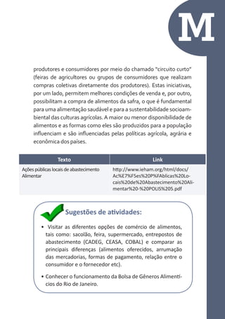 M
produtores e consumidores por meio do chamado “circuito curto”
(feiras de agricultores ou grupos de consumidores que realizam
compras coletivas diretamente dos produtores). Estas iniciativas,
por um lado, permitem melhores condições de venda e, por outro,
possibilitam a compra de alimentos da safra, o que é fundamental
para uma alimentação saudável e para a sustentabilidade socioambiental das culturas agrícolas. A maior ou menor disponibilidade de
alimentos e as formas como eles são produzidos para a população
influenciam e são influenciadas pelas políticas agrícola, agrária e
econômica dos países.
Texto
Ações públicas locais de abastecimento
Alimentar

Link
http://www.ieham.org/html/docs/
Ac%E7%F5es%20P%FAblicas%20Locais%20de%20Abastecimento%20Alimentar%20-%20POLIS%205.pdf

Sugestões de atividades:
•	 Visitar as diferentes opções de comércio de alimentos,
tais como: sacolão, feira, supermercado, entrepostos de
abastecimento (CADEG, CEASA, COBAL) e comparar as
principais diferenças (alimentos oferecidos, arrumação
das mercadorias, formas de pagamento, relação entre o
consumidor e o fornecedor etc).
•	Conhecer o funcionamento da Bolsa de Gêneros Alimentícios do Rio de Janeiro.

 