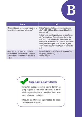B
Texto

Link

Os sentidos da comida: será que só a
fome é o tempero do alimento?

http://puc-riodigital.com.puc-rio.br/media/1%20-%20os%20sentidos%20da%20
comida.pdf
Esta é uma revista produzida pelos alunos
da Faculdade de Comunicação Social da
PUC-Rio. Este número foi todo sobre alimentação. Para acessar a revista completa:
http://puc-riodigital.com.puc-rio.br/media/ecletica%20n%C2%BA22%20completa.
pdf

Guia alimentar para a população
brasileira do Ministério da Saúde –
Atributos da alimentação saudável
– p.35

http://189.28.128.100/nutricao/docs/geral/guia_alimentar_
conteudo.pdf

Sugestões de atividades:
•	 Levantar sugestões sobre como tornar as
preparações diárias mais atrativas, a partir
de imagens de pratos coloridos, bonitos e
com alimentos variados.
•	 Discutir os diferentes significados da frase:
“Comer com os olhos”.

 