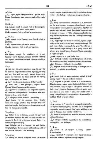 81

..,.Ij,y                                                             water). batbat riglee fil-mayya he kicked about in the
. . . u.Yo
         butaas, bitaas <Fr potasse> Inll potash. 2 lye.             water. -also balba(. -vn batbata; ava/pva mibatbat.
II butaas famrikaani a stain remover made of lye. - also
bUlaas.                                                              c. j, y
                                                                     ~ batafJ (a) Ivtl to inflict a wound on (s.o., especially
Ij,lj,y
                                                                     on the head or other bony part of the body). rukbit-i
u.~    bataata <prob It batata> Icoll nl I sweet pota-               mabtuufJa my knee is grazed. batafJ nafuux iI-fJakam he
to(es). 2 lunit n, pi -aatl a sweet potato.
                                                                     gashed the referee's head. IIma-fJadd i batafJ-ni veer
~u.~ batataaya lunit n, pi -aatl a sweet potato.
                                                                     iz-zaman wi-lyaal-i "" I'd be a happy man but for the
                                                                     way life and my children treat me. -vn batfJ; ava baatifJ;
..,.j,lj,y
                                                                     pva mabtuufJ .
..,.1~  bataatis <poss T patates from Gr or It> Icoll nl
                                                                     ~ batfJa In pi -aatll linst nl a wound, a graze (espe-
potato(es).
                                                                     cially on the head or other bony part of the body). filii
j,.J,~ batatsa lunit n, pi -aatl a potato.
                                                                     lala raas-u batfJa yfJassis laleeha {prov] (he who has a
~U~ batatsaaya lunit n, pi -aatl a potato.
                                                                     head wound keeps feeling it) "" a gUilty person will
Jlj,y                                                                always give himself away. II batfJit if-Jams sunstroke.
4i~   bitaaCja <prob Gr pittakion> In pi -aat,                       2 batfJit raas poil.
ba(aayiCj JI card. bitaaCja !ax~iyya personal identity               ~ batafJgi In pi -yyal bully, thug.
card. bitaaCjit tamwiin ration book. bitaaCja ntixabiyya             ~I fitbatafJ Ivil to be wounded or grazed (of, or on,
ballot paper.                                                        the head or other bony part of the body). - iva mitbitifJ.
                                                                     ~ 1 finbatafJ = fitbatafJ. - iva minbitifJ .
• .,I, y                                                             ~ battafJ I Ivtl to attack viciously. 2 Ivil to get out of
~ biti, bi(a J (i) Ivil to take (too) long. fit-Cjatri bi(i          control. - vn tabtiifJ; ava mibattafJ.
the train was long behind schedule. bityu fif-Juvl they
were very late with the work. daxalit ii-beet bityit                 t -!' y
lalayya she went into the house and left me waiting                  ~ battiix Icoll nl water-melon(s). yiqrab il-farqi
ages. - vn batayaan; ava baati.                                      ytallal battiix "" he can perform miracles.
•~ butft Inl slowness, tardiness. bi-butf slowly.                    4.        battiixa In pi -aatl I lunit nl a water-melon .
.~ baliif ladj * and pi butafa, butaafl slow.                        II battiixa Cjarla a water-melon the flesh of which is white
I fin-naCjI iI-ba(ii f un motorized transport.                       and tasteless. - zayy iI-battiixa l-maCjfuula a matter of
J.,.   batta I Ivtl to cause to take too long or be too slow.        luck. -fJutti f-batn-ak battiixa ~eefi {prov] (put a sum-
mif laarif feeh illi battaa barra I don't know what kept             mer melon in your belly) "" relax, don't worry about a
him out so long. - ava mibattf.                                      thing. - bargal battiixa external calipers. 2 pommel (of a
;"1 fitbatta Ivil to be delayed. - iva mitbatti.                     saddle). 3 hub of a cart-wheel.
 ).,;-1 fistabta Ivtl to consider slow. fistabtu
                                                                     I   J   .,I, Y
 faxuu-hum xaragu ynaduu they thought they had
                                                                     .:,I~    batraan In *1 one who is arrogantly ungrateful.
waited too long for their brother so they went out to call
                                                                      fit-batraan nadmaan {prov] one who has an arrogantly
him. -vn fistibta; ava mistabti.
                                                                      ungrateful attitude towards God's gifts will live to re-
Ij,yj,y                                                               gret it (because they will be withdrawn).
~     batbatl Ilvtl to flatten, squash. fil-Cjatri miji               ~ batar Inl arrogant and wasteful attitude towards
lal-musmaar batbat-u the train ran over the nail and                  gifts or blessings.
squashed it flat. 2 Ivil to become fat and flabby. - vn              ';;"'1 fitbattar Ivil to be ungrateful to the point of ridi-
ba(ba(a; avalpva mibatba(.                                           culing gifts. - ava mitbattar.
~I fitbatbat Ivil I to become fat and flabby.
fitbatbatit fil-lizz she has grown fat from living a life of         1J      .,I, Y
ease. 2 to be flattened. - ava mitbatbat.                            J~    bitaar In pi bayatral I {obsol] farrier.
                                                                     2 veterinarian.
lj,yj,y                                                              .s~ bitari ladj *1 veterinary. tibb i bitari veterinary
~ batbat2 Ivt. and viI to splash about (in shallow                   medicine. duktuur bitari veterinary surgeon.
 