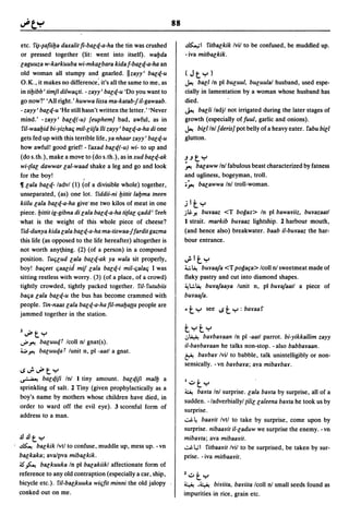 88

etc. f~-1afiil.Ja daxalit fi-balt/.-a-ha the tin was crushed           ~I fitbalkik Ivil to be confused, be muddled up.
or pressed together (lit: went into itself). wal.Jda                   - iva mitbackik.
laguuza w-karkuuba wi-mkalbara kidaf-balt/.-a-ha an
old woman all stumpy and gnarled. IIzayy' balt/.-U                     (Jty)
O.K., it makes no difference; it's all the same to me, as              .)"! ball In pI bUluul, bUluula/ husband, used espe-
in til.Jibb' timfi dilwae;ti. - zayy' b~lt/.-U 'Do you want to         cially in lamentation by a woman whose husband has
go now?' 'All right.' huwwa lissa ma-katab-fil-gawaab.                 died.
-zayy' balt/.-U 'He still hasn't written the letter.' 'Never           J.t balli ladjl not irrigated during the later stages of
mind.' -zayy' balt/.(-U) [euphem} bad, awful, as in                    growth (especially of fuul, garlic and onions).
 ril-waal.Jid bi-yizhae; mil-liija iii zayy' balt/.-a-ha di one        .)"! bill Inl [deris} pot belly of a heavy eater. fabu bill
gets fed up with this terrible life, ya nhaar zayy' balt/.-U           glutton.
how awful! good grief! - f~ad balt/.(-u) wi- to up and
(do s.th.), make a move to (do s.th.), as inxud balt/.-ak                 t y
                                                                       .J.J
wi-{Ial dawwar lal-waad shake a leg and go and look                    ~ balaww In! fabulous beast characterized by fatness
for the boy!                 ,                                         and ugliness, bogeyman, troll.
~ lala balt/.- ladvl (1) (of a divisible whole) together,              .~ bacawwa In! troll-woman.
unseparated, (as) one lot. fiddii-ni l.Jittit lal.Jma tneen
kiilu lala balt/.-a-ha give'me two kilos of meat in one                j1ty
piece. l.Jittit ig-gibna di lala balt/.-a-ha tillal e;add' feeh        -it&. Yo burBaZ <T bogaz> In pI bawariiz, burazaatl
what is the weight of this whole piece of cheese?                      1 strait. markib buraaz lightship, 2 harbour mouth,
 fid-dunya kida lala balt/.-a-ha ma-tiswaa-ffardit gazma               (and hence also) breakwater. baab il-buraaz the har-
this life (as opposed to the life hereafter) altogether is             bour entrance.
not worth anything, (2) (of a person) in a composed
position. fUiflUd lala balt/.-ak ya wala sit properly,                 u!lty
boy! bae;eet e;aalid mij lala balt/.-i mil-e;alae; I was               4.!.~ buraa/a <T pogafa> Icoll n! sweetmeat made of
sitting restless with worry. (3) (of a place, of a crowd)              flaky pastry and cut into diamond shapes.
tightly crowded, tightly packed together. ril-futubiis                 ~L:.~ bura/aaya lunit n, pI bura/aatl a piece of
bae;a lala balt/.-U the bus has become crammed with                    buraa/a.
people. fin-naas lala balt/.-a-ha fil-mal.Jatta people are
jammed together in the station.
                                                                       ~   ty   see IS   ty   : baraaf


                                                                       tyty
l~ty
                                                                       ,:,~ barbaraan In pI -aatl parrot. bi-yikkallim zayy
..;.~ balUUt/.' Icoll nl gnat(s).
                                                                       il-barbaraan he talks non-stop. - also babbaraan .
..... ~ baluut/.a' lunit n, pI -aatl a gnat.
                                                                       ~ barbar Ivil to babble, talk unintelligibly or non-
                                                                       sensically. -vn barbara; aya mibarbar.
1Su!~ty
~ balt/.ifi In! 1 tiny amount. balt/.ifi mall.J a                      I..::.. ty
sprinkling of salt. 2 Tiny (given prophylactically as a
                                                                       ~ barta In! surprise. lala barta by surprise, all of a
boy's name by mothers whose children have died, in
                                                                       sudden. -/adverbiallyl {ilillaleena barta he took us by
order to ward off the evil eye). 3 scornful form of
                                                                       surprise,
address to a lOan.
                                                                       ~~ baarit Ivtl to take by surprise, come upon by
                                                                       surprise. nibaarit il-laduw we surprise the enemy. -vn
.!l.!lty                                                               mibarta; ava mibaarit.
~ balkik Ivt/ to confuse, muddle up, mess up. - vn                     ~l,.;1 fitbaarit Ivil to be surprised, be taken by sur-
backaka; ava/pva mibackik.                                             prise. - iva mitbaarit.
-.s ~ balkuuka In pI balakiikl affectionate form of
reference to any old contraption (especially a car, ship,              l..::..ty
bicycle etc.). ril-balJcuuka wie;fit minni the old jalopy              ~ ,~ biriita, bariita Icoll nl small seeds found as
conked out on me.                                                      impurities in rice, grain etc.
 