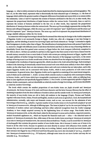 x

language, i.e. what is widely esteemed as the pure jiqIJa described by classical grammarians and lexicographers. The
line cod, on the other hand, represents what is theoretically the least educated type of 'ammiyya, i.e. the form of
language which exhibits the greatest number oflinguistic differences fromfl4lJa and enjoys little or no esteem within
the community. Lines a-f and b-f represent the erosion of features attributed to the line a-b; in other words, they
represent the proportional distribution of fl4IJa features within the various levels. Conversely, lines c-e and doe
represent the erosion of features attributed to the line cod; in other words, they represent the proportional
distribution of 'ammiyya features within the various levels. The area e-g-f-h accordingly represents the overlap of the
literary and colloquial languages, while the areas a-g-e and e-h-b represent "pure" jiq/.lii features and the areas c-g-f
and f-h-d represent "pure" 'iimmiyya features. The areas a-g-c and b-h-d represent the proportional distribution of
foreign (dakhil) influence within the five levels.
   In connection with foreign borrowings it should first be stressed that what may be foreign to the Arabic component
of Egyptian Arabic is not necessarily foreign to Egypt. Arabic was, after all, a language at one time foreign to
Egyptians, and the labellin~of ancient but surviving Coptic and Greek elements as "foreign" is intended to signify
their foreignness to Arabic rather than to Egypt. The identification of existing lexical items with ancient Coptic forms
is, moreover, fraught with difficulty (more is said about this below) and there is often no way of knowing whether an
identifiably Greek form first gained some currency in Egypt before the Arab conquest (effectively completed in
641 AD) or after it. All that can usefully be said here in this regard is that there seems to have been a fusion from the
seventh century onwards of one or more kinds of Arabic with certain pre-existing elements in Egypt, together with
the super-addition of further foreign borrowings. The Arabic character of the language is pervasive, to the extent
perhaps of having recast in an Arabic mould some of what was absorbed from the indigenous linguistic environment,
for example in the vocabulary of riparian agrarian life, which was alien to the Arab cultural heritage. Such recasting is
evident in the clustering of semantically related forms around verb roots which seem unlikely to have their origin in
Arabic; on the other hand, there are also instances where such verb-root evolution has not taken place, and in this
respect Egyptian Arabic can be contrasted with Syrian Arabic, which is more productive of verb roots in such
circumstances. In general terms, then, Egyptian Arabic can be regarded as consisting of two main lexical categories,
each of which can be subdivided: 1. Arabic: a) items which coinc1de nearly or completely with counterparts existing
in literary Arabic, and b) items which have recognizable counterparts in literary Arabic, while yet differing from
them in some significant and specifically Egyptian fashion. 2. Non-Arabic: a) items apparently specific to Egypt and
without Arabic counterparts, and not identifiable as relatively modern foreign borrowings, and b) items identifiable
as relatively modern borrowings.
   The levels which contain the smallest proportions of non-Arabic items are fl4IJa al-turath and 'ammiyyat
al-ummiyyin, the former because of its static and frozen character and the latter because illiteracy has the effect of
insulating its speakers from the direct influence of modern culture and the outside world. In 'ammiyyat al-ummiyyin,
the majority of non-Arabic items are old or fairly old residents in the language (Coptic, Persian and Turkish,
together with some Greek, Italian, French and English), mostly in such areas as agriculture, food, the household and
administration; normally, o~ly major and dramatic events, such as war, can account for the admission of new
borrowings at that level (e.g., nabalm). A greater number of non-Arabic items is to be found both injiqIJa al-'fL1r and
in 'ammiyyat al-mutanawwirin, although of differing types. The items infl4IJa al-'fL1r. for the most part belong to the
vocabulary of modern culture and technology and have either achieved recognition from the Arabic Language
Academy or have simply acquired currency by the legitimizing force of written usage. Non-Arabic items in
'ammiyyat al-mutanawwirin, on the other hand, relate for the most part to areas such as fashion, imported cosmetics,
modern household appliances etc., which are beyond the financial reach and - often - the inherited tastes of
speakers of 'ammiyyat al-ummiyyin; thus, while many of the non-Arabic items occurring in 'ammiyyat al-ummiyyin
occur also in 'ammiyyat al-mutanawwirin, the converse does not hold true. Finally, it can be noted that it is 'ammiyyat
al-muthaqqafin that contains the greatest number of non-Arabic items: this is because it makes use of items to be
found in all the other levels, because its speakers are most directly in contact with influences from outside, and
because they are not as restrained in speech as they are in writing. Indeed, nearly all newly borrowed items make
their entrance into Egypt by way of this level and from this point may move also intofl4lJa al-'fL1r (e.g., siryaa/i) or
into 'ammiyyat al-mutanawwirin (e.g., fil-faylaynar), although some items do not move further and may die out
naturally (e.g., fin-noohaaw).
 