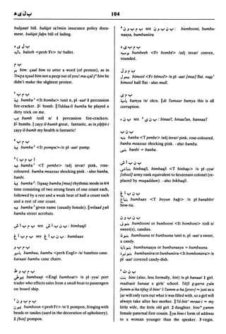 104

bu/~aatl   bill.   buli~it    ta I'miin insurance policy docu-            .J y r y see ';'.J Y .;, Y :
                                                                       1 .;,                                       bumbooni, bumbu-
ment.   buli~it Jal:Jn    bill of lading.                              naaya, bumbuniira


° IS J y                                                               °ISYrY
~4    baleeh <prob Fr> In! ballet.                                     ~y. bumbeeh <Fr bombe> ladj invarl convex,
                                                                       rounded.
rY
f'"! bim: qaal bim to utter a word (of protest), as in                 J.J Y   r
 I'iwla tquul bim not a peep out of you! ma-qal-J' bim he              J~ bimool <Fr bemol> In pI -aatl {mus] flat. n~~;
didn't make the slightest protest.                                     bimool half flat - also mull.

I
    yry
                                                                       ISrY
~    bumba I <It bomba> lunit n, pI -aatl I percussion                 ~4 bamya Inl okra.            II di   I'umuur bamya this is all
fire-cracker. 2l bomb. II I'iddaa-li bumba he played a                 corruption.
dirty trick on me.
~ bumb        Icoll nl        percussion fire-crackers.                • .;, Y see    I   IS .;, Y :. binaa 1', binaa I'an, bannaa I'
2l bombs. II zayy iI-bumb great, fantastic, as in ~il:Jl:Jtt-i
zayy iI-bumb my health is fantastic!                                   Y';'Y
                                                                       ~   banba <T penbe> ladj invarl pink, rose-coloured.
lYry                                                                   banba msaxsax shocking pink. - also bamba.
~ bumba 2 <It pompa >-In pI -aatl pump.
                                                                       ~ banbi = banba.


J(yry)
                                                                       ..;Iy.;,y
~ bamba I <T pembe> ladj invarl pink, rose-
                                                                       ..,.:.~ binbaa/i, bimbaafi <T binb~l> In pI -yyal
coloured. bamba msaxsax shocking pink. - also banba,
                                                                       {obsol] army rank equivalent to lieutenant-colonel (re-
banbi.
                                                                       placed by muqaddam). - also bikbaafi.
~ bamba 2: I'iqaal bamba {mus] rhythmic mode in 4/4
time consisting of two strong beats of one count each,
followed by a rest and a weak beat of half a count each                tly.;,y
and a rest of one count.
                                                                       t~   bumbaay <T boyun bagl> In pI banabiiYI
                                                                       bow-tie.
~ bamba 3 given name (usually female). II wilaad lali
bamba street acrobats.
                                                                       ';'.J y.;, y
                                                                       J~ bumbooni or bunbooni <It bomboni> Icoll n!
..; I y r y see ..; I y .;, y : bimbaafi
                                                                       sweet(s), candies.
t   I y r y see       t   I y .;, y : bumbaay                          :; ~ bumbuuna or bunbuuna lunit n, pI -aatl a sweet,
                                                                       a candy.
.JYrY                                                                  ~l;~ bumbunaaya or bunbunaaya = bumbuuna .

."...4 bambuu, bambu <perh Engl> Inl bamboo cane.                      ;.# ~ bumbuniira or bunbuniira <It bomboniera> In
karaasi bambu cane chairs.                                             pI -aatl covered candy-dish.


b.Jy.rY                                                                I..:;...;,y
J.~ bambuu(i <Engl bumboat> In pI -yyal port                           ~ bint (also, less formally, bitt) In pI banaat/l girl.
trader who effects sales from a small boat to passengers               madrasit banaat a girls' school. I'ikfi g-garra lala
on board ship.                                                         fumm-a·-ha ti(lal iI-bint' I-I'umm-a-ha {prov] "" just as a
                                                                       jar will only turn out what it was filled with, so a girl will
1';'.JyrY                                                              always take after her mother. II I'i/-bitt' mraat-i "" my
.J ~ bum boon <prob Fr> In! I pompon, fringing with                    little wife, the little old girl. 2 daughter. bint" lamm
beads or tassles (used in the decoration of upholstery).               female paternal first cousin. lIya bint-i form of address
2 {bot] pompon.                                                        to a woman ·younger than the speaker. 3 virgin.
 