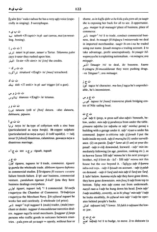 IIcalee l:Jiss' wala t-tabuut he has a very ugly voice (espe-   shame, as in kaffa qahr-a-ha kida cala ceen-ak ya taagir
cially in singing). 3 sarcophagus.                              she is exposing her back for all to see. 2 opportunist.
                                                                ~ matgar In pi mataagirl place of business, place of
o..s y..:;..                                                    commerce.
..,;; tabeeh <Fr tapis> In pi -aatl canvas, mat (In wrest-      ~l; taagir2 Ivill to trade, conduct commercial busi-
ling, boxing).                                                  ness. deal. bl-ntaagir fil-bie[aaca I-mistawrada we deal
                                                                in imported merchandise. taagir bi-sm-i-na he traded
(J":;"":;" )                                                    using our name.l:Jisaab mltagra a trading account. 2 to
..s?   tatari In pi tatar, tataarl a Tartar. ritlammu calee     take advantage, profit unscrupulously. bi-ytaagir bil-
zayy it-tatar they rushed upon him.                             wa{amyya he is exploiting nationalism. - vn mitagra; ava
~I rit-titr <Fr titre> Inl [einf the credits.                   mitaagir.
                                                                ~~I rittaagir Ivil to deal, do business. kaanu
-.!lJ":;" ..:;..                                                b-yittagru fil-muxaddaraat they were pushing drugs.
~;~I?             titrakurd <Engl> Inl /musf tetrachord.        - vn rittlgaarT; ava mittaaglr .

.!l..:;....:;..
                                                                ..i[.":;"
~         titik <T tetik> In pi -aatl trigger (of a gun).       o:;f. tagza Inl character. ma-Iuu-f tagza he's unpredict-
                                                                able, he's inconsistent.
V"J~":;"":;"

<.ryl::,.; titanoos <Engl> Inl tetanus.                         V" J [. ..:;..
                                                                <.r~ taguus Inl [nautf transverse plank bridging cen-

JJ":;" ..:;..                                                   tre of Nile sailing boat.
0;":;; tatuura Icoll nl [botf datura. - also datuura,
dahtuura. {a[Uura.                                              ..:;..c...:;..
                                                                ~       tal:Jt 1 Iprep, w pron suff also tal:Jtii-1 beneath, be-
I ..s..:;.. ..:;..                                              low, under. min tal:Jt it-tarabeeza from under the table.
l,,; y tutya Inl la type of collyrium with a zinc base          cimaara tal:Jtiiha (or tal:Jtaha or tal:Jt' minha) garaaj a
(particularized as tutya beee[a). Ib copper sulphate            building with a garage under it. tal:Jt' riyast-u under his
(particularized as tutya zarqa). 2 Icolll squid(s). - ladj      command. l:Jatteet is-sikklina tal:Jt if-faraab I put the
invar/3 [obsolf disastrous, calamitous. gawaaza tutya a         knife inside my sock. tal:Jt iI-muraqba (1) under surveill-
disastrous marriage.                                            ance. (2) on parole.lltal:Jt· ramr-ak (I am) at your dis-
                                                                posal! -tal:Jt ir-riil:J downwind, leeward. -tal:Jl' min im-
o I [...:;.. see      0 [. J   :   tigaah. tugaah               mediately following (in age, position, ranking etc.), as
                                                                in huwwa raxuu rilli tal:Jt' minnu he's his next younge~t
J[.":;"                                                         brother, mif ii-beet da - la r - rilli tal:Jt' minnu not this
o)~ tigaara. tugaara Inl 1 trade, commerce. tigaarit            house but the one beyond it. - rafiua tal:Jt iI-l:Jamra
ig-gumla the wholesale trade. dibloom tigaara diploma           infra-red ray~. - tal:Jt il-l:Jisaab on account. - tal:Jt it-tatab
in commercial studies. II rit-tigaara fil-xusaara xusaara       on demand. - tal:Jt iI- rare[ and min tal:Jt iI- rare[ see raul-
failure breeds failure. 2 Ipl -aatl business, commercial        2 ladvl below. humma nizlu tal:Jt they have gone down,
venture. canduhum tigaraat fi-kull' I:Jltta they have           they have gone downstairs. min fooq li-tal:Jt from top to
business dealings everywhere.                                   bottom. ritlac min tal:Jt come out from underneath .
..s;:f. tigaari. tugaari ladj '1 1 commercial. ril-yurfa       nazzil raas-u l-tal:Jt he hung down his head. II min tal:Jt'
t-tugariyya the Chamber of Commerce. ril-bal:Jriyya             l-tal:Jt stealthily, covertly, as in bi-yb~~' min tal:Jt' l-tal:Jt
t-tugariyya the Merchant Navy. IIbi-yiftayal tugaari he         he lo~ks stealthily, bi-yiftayat min tal:Jt' t-tal:Jt he oper-
works fast and carelessly. 2 wholesale (of price).              ates behind people's backs.
~l; taagir} In pi tuggaarll (male) trader, (male) mer-          J~ tal:Jtaaniladj '1 lower . ril-fakk it-lal:Jtaani the low-
chant or dealer. tuggaar iI-muxaddaraat narcotics deal-         er jaw.
ers. tuggaar tagzira retail merchants. IItuggaar if-fanta
persons who traffic goods in suitcases between coun-            c...:;.. c...:;..
tries. - cala ceen-ak ya taagir ,., openly, without fear or     ~        tal:Jtal:J Ivtll to budge, to move. 2 to dislocate (a
 
