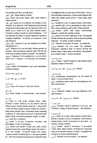 124

are artisans and there are big-shots.                                 be delighted with even the dust off his shoes == he is a
~i .~i fatx,in elative of tixiin.                                     most desirable connection. 2 (also turaab falJmar) ash.
~ mitxin ladj invarl beefy, solid. mara mitxin a                      tibaat naar t~balJ turaab {prov] == here today, gone
buxom wench.                                                          tomorrow.
~ .~ taxxan Ivtl I to thicken, (in volume or con-                     ~ I.; turaaba Inll soil. 2 a speck of dust, a bit of dust.
sistency). 2 to make fat. fakl i1-lJa/awiyyaat bi-ytaxxan             <.J.I.; turaabi ladjl I of or pertaining to earth, soil or
eating sweet foods makes you fat. II taxxan widn(-u) to               dust. (Uruc; turabiyya earth roads. 2 dust-coloured.
flatter (s.o.), swell (s.o.) up with (undue) praise.                  .....? mutrib, mitrib ladjl dusty, dust-bearing.
3/carp) to reduce (wood) to a given thickness. - Ivil                  fig-gaww' mutrib the weather's dusty .
4 to become fat.llmuxx-u taxxan xaa/~ he's become a                   ....; tarrab Ivtl to cover with dust or ash. fi/-xamasiin
complete thickhead. - vn tatxiin; ava mutaxxin t; ava/                tarrabit id-dinya the xamasiin wind covered everything
pv,!'       mit~an.                                                   with dust. -vn tatriib; ava/pva mitarrab.
~ .~          mutaxxin In pi -aatl thickener (in indust-              ....:;1 fittarrab Ivil passive of tarrab. - iva mittarrab.
rial dyeing etc.).                                                    .....;;-1fistatrab Ivtl 1 to select for dustiness.
';'>~I fittaaxin Ivil to act the bully, behave grossly, be            fil-lJumaar istatrab-Iu Ijitta wi "marray fil- farq the
brusque. finla lJa-tittaaxin [aleena walla feeh do you                donkey chose a dusty place and rolled 01. the ground.
think you are going to push us around? - ava mittaaxin.               2 to consider dusty. - ava/pva mistatrab.
~I fistatxan I/vtl to consider (s.o. or s.th.) fat or
thick. 2/vil = fittaaxin. -vn fistitxaan; ava mistatxan.              I ..,.   I.,:," ~   .:.0
                                                                      ...,..~.; tirbaas I <perh Fr trapeze> In pi tarabiisl {anat]

.:.0    IS J').:.o                                                    trapezius muscle of the back .
..::..l-,-" tiduliit <Fr theodolite> In pi -aatll theodolite.
2 transit-compass.                                                    z ..,. I y ~.:.o see          I..,. Y   ~ .:.0 : tirbaas 2


                                                                      -,?y~.:.o
                                                                      ;~.;       tarabattaata onomatopoeic for the sound of
1~.:.o see IS ~ ~ : ya tara                                           music      == ta-ra-ra-boom di-ay.
                                                                      ~.; tarabattati nonce word for interrupting an asi-
..,. 1~        .:.0                                                   nine conversation .
...,..1.;      tiraas <Fr terasse> In pi -aatl terrace.
                                                                      - ~y~.:.o
IS 1~.:.o                                                             .ft J.'; tiribirintir <Engl> In pi             -aatl teleprinter, tele-
~I.; tiraay <Engl> Inllanat} triceps. -also tiraysibs.                type machine.

 .
.....   ~
            .:.0                                                      jy~.:.o             see    jlSy~.:.o:tarabiiz

"'!.;   turba Inl I Ipl turab, turbaatl grave, tomb.
bi-faraf-i w-turbit fabuu-ya by my honour and my                      -   jy~.:.o

father's grave! IIturba lamma tlimm-ak == drop dead!                  .:.r.,,j!'; tarabziin <perh P darbazin> In pi -aat, -aatl
- turba ma-Ihaa-f ~aalJib (a grave without an owner) a                I banister, railing. 2 {naut} bulwark. - also darabziin.
place with no proper order, somewhere where anything
IS allowed. 21 (also turba) Ino pll soil. 3 Ipl turabl turbit         I..,.y~.:.o
ljaJiif a block of hashish packaged, usually, in cloth.               ..r!'; tarbis Ivtl to bolt. baab mitarbis a bolted door.
.....; turab Ipl nl cemetery.                                         IImuxx-u mtarbis (1) he's a blockhead. (2) his head is
<.J.'; turabi In pi -yyal I cemetery attendant and                    feeling muzzy. (3) he's unreceptive to new ideas. -vn
gravedigger. 2/adj *1 scavenging.                                     tarbasa; ava/pva mitarbis.
.... 1.; turaab In pi fatriba t I I dust, dirt, earth. turaab         ...,..~.; tirbaas 2 <perh P dar-basta> In pi tarabiisl
ma[dani metal dust, metal filings. II nifs-u fit-turaab ==            I bolt, latch. IIlJa{( i/-hamm r fit-tirbaas he vented his
he is very modest. - bi-turaab i1-filuus dirt cheap.                  rage on an innocent person or object. 2 stupidly con-
- yaama t-turaab bi-yaakul {prov] == the grave gobbles                serv~tive or narrow-minded person.

all. - fait' min yitmanna turaab gazmit-u anybody would               ..r!.;1 fittarbis Ivil to be locked. - iva mittarbis.
 