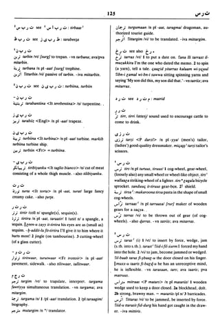 125                                                        "'" J .:J

 Z,-",   Y J V    see   1   I,)"   IY   J V : tirbaas'                .ill:-.; turgumaan In pI -aat, taragmal dragoman, au-
                                                                    , thor}zed tourist guide.
 ~ Y J V see j I.S Y J              .1 : tarabee~a                    ~.;I fittargim Ivil to be translated. - iva mittargim.



 I~YJV                                                                  tJ v          see also   tJ'
,;r.; tarbin Ivt! {surg] to trepan. - vn tarbana; ava/pva               t'.; tarrax Ivtl 1 to put a date on. fana /Ii tarraxt iI-
mitarbin.                                                               muzakkira I'm the one who dated the memo. 2 to spin
~ J. tarbana In pI -aatl (surg] trephine.                               (a yarn), tell a tale. qaalid yitarrax kalaam wi-yq_uul
,;r.;1 fittarbin Ivil passive of tarbin. -iva mittarbin.                fibn-i lamal wi-bn-i sawwa sitting spinning yarns and
                                                                        saying 'My son did this, my son did that.' - vn tatriix; ava
1   ~Y J V       see ~ I.S Y J V : turbiina, turbiin                    mitarrax.


-~YJv
~;         tarabantiina <It terebentina> Inl turpentine ..
                                                                        J J    v
jl.SYJv                                                                 '.; tirr, tirri linter;jl sound used to encourage cattle to
ftl;     tarabiiz <Engl> In pI -aatl trapeze.                           come to drink.

~I.SYJv                                                                 I.SjJV
~;     turbiina <It turbina> In pI -aatl turbine. markib                I.Sj'; tarzi <P darzf> In pI -yyal (men's) tailor,
turbiina turbine ship.                                                  (ladies') goodTquality dressmaker. miql¥~ i tarzi tailor's
,J.:!;    turbiin <Fr> = turbiina.                                      scissors.

-I.SYJv                                                                 1   I,)"J V
,>;1.".,..;
          tiribiyanku <It tagtio bianco> Inl cut of meat            ...,.,.; tirs In pI tu"uus, tiruusl 1 cog-wheel, gear-wheel,
consisting of a whole thigh muscle. - also tilibiyanku.             (loosely al,so) any small wheel or wheel-like object.. tirs i
                                                                    wallaala striking-wheel of a lighter. tirs B lagala bicycle
UJU                                                                 sprocket. sanduuq it-tiruus gear-box. 2t shield.
-;;;)j turta <It torta> In pI -aat, turatl large fancy              4...; tirsa ': makaroona tirsa pasta in the shape of small
creamy cake. - also turta.                                          cog-wheels .
                                                                    ...,.,1'.; tarraas' In pI tarraasal {rur] maker of wooden
JUJU                                                                gears for a saqya. ,
; ; tirtir Icoll nl spangle(s)', sequin(s).
                                                                    ...,., '.; tarras Ivil to be thrown out of gear (of cog-
0;; tirtira In'pl -aat, taraatirl 1 lunit" nl a spangle, a          wheels). - also qarras. - vn tatriis; ava mitarras.
sequin.lIleen-u zayy it-tirtira his eyes are as (small as)
sequins. -I:J-addii-lu fit-tirtira I'll give it to him where it
                                                                    11,)"JV
hurts most! 2 jingle (on tambourine). 3 cutting-wheel
                                                                        ...,.,; taras' (i) 1 Ivtl to insert by force, wedge, jam
(of a glass cutter).
                                                                        (s. tho into S. th.). tarast i fiid.ifil-xurm I forced my hand
-JUJU                                                                   into the hole. 2 Ivil to jam, become jammed or wedged.
;I j; tiritwaar, turutwaar <Fr trottoir> In pI -aatl                     fil-baab taras fi-~baar;-u the door closed on his finger.
pavement. sidewalk. - also tilitwaar, tallitwaar.                       Ilmuxx-u taaris fi-bar;q-u he has an unreceptive mind,
                                                                        he is inflexible. - vn tarasaan, tars; ava taaris; pva
r [.J v                                                                 matruus.
~;    targim Ivtl to trapslate. interpret. targama                      ...,.,1.;.0 mitraas <P matars> In pI matariisl 1 wooden
fawriyya simultaneous translation. -vn targama; ava                     wedge used to keep a door closed. 28 blockhead, dolt.
milargim.                                                               2b s.trong, brawny man. - matariis Ipl nl 3 barricades.
:u:-; targama Inl 1 Ipl -aatl translation. 2 Ipl taraagiml              ...,.,.;1 fittaras Ivil to be jammed, be inserted by force.
biography.                                                               fiid-u ttarasit fid-durg his hand got caught in the draw-
~ r- mutargim In *1 translator.                                         er. - iva mittiris.
 