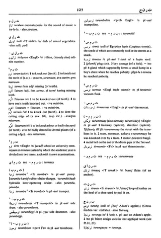 127

rJ.;.:>                                                              .;,.J."..;       tarambuliin      <prob         Engl>      In   pi -aall
r;   laralam onomatopoeia for the sound of music =                   trampoline.
tra-Ia-Ia. - also (aralam.
                                                                     J -         Y r .;.:> see - r .;   ..:.0 • :   turumbiil
..;J.;.:>
                                                                     I                _
J;.i lurli <T IUr/U> Inl dish of mixed vegetables.                       ..rr.;<..j
- also lulli, (urli.                                                 ........; lirmis Icoll nl Egyptian lupin (Lupinus termis),
                                                                     the seeds of which are commonly sold in the streets as a
-..;J.;.:>
                                                                     snack .
.;,.,.J; lirilyoon <Engl> Inl trillion, (loosely also) infi-
nite number.
                                                                     4......; lirmisa In pi -aall I lunit nl a lupin seed.
                                                                     2 [plumb} plug cock. 3 key passage (of a lock). - Ino
I r.; .:>                                                            pll 4 gland which supposedly forms a small lump in a
r;    laram (u) Ivtl I to knock out (teeth). 2 to knock out          boy's chest when he reaches puberty. (illil-lu I-lirmisa
the teeth of (s.o.). - vn larm, laramaan; ava laarim; pva            he reached puberty.
malruum.
                                                                     1                _
...; larma Ifem adjl missing (of teeth).                                 ..rr.;<..j
r;i !'alram ladj, fern larma, pl/urml having missing                 ........;     lurmus <Engl trade name> In pi laraamisl
teeth.                                                               vacuum flask.
r;1 !'illaram Ivil I to be knocked out (of teeth). 2 to
have one's teeth knocked out. - iva millirim.                        -..rr.;':>
r';; 1 !'inlaram = !'illaram. - iva minlirim.                        .:..~.,..;           lirmuslaal <Engl> In pi -aall thermostat.
rJ   larram Ivtl I to knock out (teeth). 2 to dent the
cutting edge of (a saw, file, rasp etc.). - ava/pva                  (-u.;.:»
milarram.                                                            .... t.:; lurummaay (also lurmaay, lurumwaay) <Engl>
r;1   !'illarram Ivil I to be knocked out or badly decayed           In pi -aall I tramway (system), streetcar (system).
(of teeth). 2 to be badly dented in several places (of a             !,ifjaaril illi fii I-Iurummaay the street with the tram-
cutting edge). - iva millarram.                                      lines in it. 2 tram, streetcar. xaba(-u I-Iurummaay he
                                                                     was knocked over by a tram. 3 motor-powered barg~.
lr.;.:>                                                              4 metal bell on the end of the drone pipe of the !'arruul.
r;  lirm <Engl> Inl [acad} school or university term.                ;....,..; lirmumilr <Fr> In pi -aall thermometer.
ni;aam il-lirmeen system by which the academic year is
divided into two terms, each with its own examinations.
                                                                     - -' r .;.:> see - r r .; .:> : lurumwaay
..; I r .;.:> see - r r .; .:> : lurmaay
                                                                     JI~.;':>
(yr.;':»                                                             .;l;; lirnaalj <T Ilrnak> Inl [nautJ fluke (of an
....; turumba I <It Iromba> In pi -aall pump.                        anchor).
Illurumba kawitf rubber drain-plunger. -Iurumbil baab
hydraulic door-operating device. - also (urumba,
                                                                     .:>~.;.:>
{Ulumba.                                                             .,;;; liranlu <It liranle> Inl [obsol} loop of leather on
.... ; turumba 2 <It tromba> In pi -aatl trumpet.
                                                                     the heel of a shoe used to pull it on.
I_ yr .;.:>
                                                                     [~.;.:>
J....; turumbee(a <T trampete> In pi -aatl side
                                                                     ~; lurung Icoll nl [bol} Adam's apple(s) (Citrus
drum. -also (urumbee(a.
                                                                     medica var. cedrata). - also !'utrung.
~; turumbe(gi In pi -yyal side drummer. - also
                                                                     ~; lurunga Inl I lunit n, pi -aall an Adam's apple.
(Urumbe(gi.
                                                                     2 Ino pll frieze design used in tent applique work (see
l(-Yr.;':»                                                           PI.H,27).
(;J':"; taramboon <perh Fr> In pi -aatl trombone.                    ~~; lurungaaya = lurunga.
 