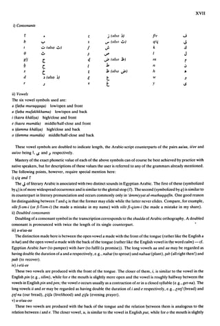 XVII

 i) Consonants

       r            •                           z           .i (1I1so ~)                 f/I'               ...;
                                                           .r (1Ilso .!I)
       b          ":-'
                  .;., ((II.m    .!II
                                                s
                                                I
                                                            .
                                                           .r
                                                                                         qllj
                                                                                         k
                                                                                                             J
                                                                                                             .!l
       0          .!I                           ~         ,Jf'                                               J
       eli         (                            tl        ...J4 (1I1w   ~I               1/1
                                                                                                             r
                                                           .k                                                ~

       "
                                                                                         II
                   C.
       of
       (I
                   C.
                    ~    (also   ~)
                                                ;          ~ (1IIw      ...J41           II
                                                                                         w
                                                                                                             •
                                                l           t                                                .J
       r           J                            'If
                                                            t                            )'                  IS

ii) Vowels
The six vowel symbols used are:
a (Iallza muraqqaqa) low/open and front
a (Ial/za mulakhkhama) low/open and back
i (kasra khiili$a) high/close and front
e (kasra mumiila) middle/half-close and front
u (gamma khiili$a) high/close and back
o (gamma mumiila) middle/half-close and back

  These vowel symbols are doubled to indicate length, the Arabic-script counterparts of the pairs aa/aa, iilee and
uu/oo being I, IS and.J respectively.
    Mastery of the exact phonetic value of each of the above symbols can of course be best achieved by practice with
native speakers, but for descriptions of these values the user is referred to any of the grammars already mentioned.
The following points, however, require special mention here:
i) lj/q and r
   The J of literary Arabic is associated with two distinct sounds in Egyptian Arabic. The first of these (symbolized
by lj) is of more widespread occurrence and is similar to the glottal stop (f). The second (symbolized by q) is similar to
its counterpart in literary pronunciation and occurs commonly only in 'iimmiyyal al-mulhaqqafin. One good reason
for distinguishing between f and lj is that the former may elide while the latter never elides. Compare, for example,
rililli-sm-i (or li-fism-i) (he made a mistake in my name) with rililli-c;ism-i (he made a mistake in my share).
ii) Doubled consonants
    Doubling of a consonant symbol in the transcription corresponds to the shadda of Arabic orthography. A doubled
consonant is pronounced with twice the length of its single counterpart.
iii) a-a/aa-aa
   The distinction made here is between the open vowel a made with the front of the tongue (rather like the English a
in hal) and the open vowel a made with the back of the tongue (rather like the English vowel in t~e word calm) -cf.
Egyptian Arabic barr (to pamper) with barr (to fulfil (a promise». The long vowels aa and aa may be regarded as
having double the duration of a and a respectively, e.g., nabal (to sprout) and nabaal (plant), lab (all right then!) and
(aab (to recover).
iv) i-elii-ee
   These two vowels are produced with the front of the tongue. The closer of them, i, is similar to the vowel in the
English pin (e.g., silim), ~hile for e the mouth is slightly more open and the vowel is roughly halfway between the
vowels in English pin and pen; the vowel eoccurs usually as a contraction of ee in a closed syllable (e.g.,gel-na). The
long vowels ii and ee may be regarded as having double the duration of i and e respectively, e.g., leel (bread) and
eel-na (our bread), liifa (livelihood) and lifa (evening prayer).
v) u-o/uu-oo
    These two vowels are produced with the back of the tongue and the relation ~etween them is analogous to the
relation between i and e. The closer vowel, u, is similar to the vowel in English put, while for 0 the mouth is slightly
 