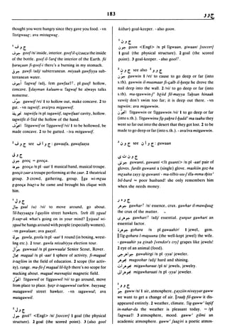 183                                                            JJt

thought you were hungry since they gave you food. - vn                  kiibar) goal-keeper. - also goon.
Yisligwaal; ava mislagwal.
                                                                        I.

1"';,,[,                                                                ~~
                                                                            oJ" [,
                                                                                goon<Engl> In pi Yigwaan. giwaanl [soccer}
...; ~ goof Inl inside, interior. goof iI-qizaaza the inside            I goal (the physical structure). 2 goal (the scored
of the bottle. goof iI-Yarq the interior of the Earth. fii              point). 3 goal-keeper. - also gootr.
yaraqaan fi-goof-i there's a burning in my stomach.
j~ gawfi ladjl subterranean. miyaah gawfiyya sub-                       1 ~ ,,[,   see also 1.J" [,
terranean water.                                                        ~~     gawwin I Ivtl to cause to go deep or far (into
...;~i Yagwaf ladj, fern gawfaayr, pi guufl hollow,                     s.th). gawwin iI-musmaar fi-qalb iI-yee{a he drove the
concave. IIdayman kalaam-u Yagwaf he always talks                       nail deep into the wall. 2/vil to go deep or far (into
nonsense .                                                              s.th). ma-tgawwin1i bliid fil-mayya Yaysan hinaak
...;~ gawwif Ivtl I to hollow out, make concave. 2 to                   rawii{ don't swim too far; it is deep out there. -vn
gut. - vn lagwiif; avalpva migawwif.                                    tagwiin; ava migawwin.
i.A....J'ii. lagwiifa In pl/agawiif, lagwifaall cavity, hollow.         ~~I Yitgawwin or Yiggawwin Ivil I to go deep or far
lagwiifil iI- rud the hollow of the hand.                               (into s. th.). Yilgawwinu fi,l'-,I'aljra I-Ijadd i ma taahu they
"';~I Yilgawwifor Yiggawwiflvi/l to be hollowed, be                     went so far out into the desert that they got lost. 2 to be
made concave. 2 to be gutted. - iva milgawwif.                          made to go deep or far (into s.th.). - avaliva mitgawwin.


1 ...; ,,[,   see ...; I " [, : gawaafa, gawafaaya                      J   I.U [, see ~ I " [, : guwaan

';" [,                                                                 S.::..~,,[,
J~     gooq = gooqa.                                                    ,ji ~ guwanti. gawanti <It guanti> In pi -aatl pair of
;.. ~ gooqa In pi -aall I musical band, musical troupe.                 gloves. fardit guwanti a (single) glove. maskiin goz-ha
gooqil zaar a troupe performing at the zaar. 2 theatrical               mlaaha zayy ig-guwanti - ma-lilbis-uu-jilla-mma Iljissi
group. 3 crowd, gathering, group. IIga wi-mlaa                          bil-bard ... poor husband! she only remembers him
g-gooqa b,al'-u he came and brought his clique with                     when she needs money.
him.

IJ,,[,                                                                  J   0" [,
J~    gaal (u) Ivil to move around. go about.                           .J"~     gawharr Inl essence, crux. gawhar iI-mawquul
 ril-bayyaala I-gayliin street hawkers. Yeeh illi yguul                 the crux of the matter.
fi-xa{r-ak what's going on in your mind? lIyi,l'uul wi-                 ..s.J"~ gawhariT ladjl essential. lUn,l'ur gawhari an

yguul he hangs around with people (especially women).                   essential factor.
-vn gawalaan; ava gaayil.                                                -'.J"~ gohara      In pi gawaahirl I jewel, gem.
iJ ~ gawla. goola In pi -aalll round (in boxing, wrest-                 II Yig-gohara l-mCl,l'uuna (the well-kept jewel) the wife.
ling etc.). 2 tour. gawla nlixabiyya election tour.                     - gawaahir ya linab [vendor's cry} grapes like jewels!
JI~ gawwaal In pi gawwaalal Senior Scout. Rover.                        2 eye of an animal (food) .
J~ magaal In pi -aall I sphere of activity. fi-magaal                   ..ft' .J"I~ gawahirgi In pI -yyal jeweler.
il-Ialliim in the field of education. 2 scope (for activ-               .J"~ mugoohar ladjl hard and shining.

ity), range. ma-fii-j magaallil-lilb there's no scope for               ..:..I.J"~ migawharaat Ipl nl jewels, jewelry.

mucking about. magaal mama{iisi magnetic field.                         JI.J"~ migawharaali In pI -yyal jeweler.

J~I Yilgawwil or Yiggawwillvil to go around, move
                                                                        1
 from place to place. ya;r il-Iagawwul curfew. bayyaal
mUlagawwil street hawker. - vn tagawwul; ava
                                                                            ""
                                                                           [,
                                                                        ~ gaw