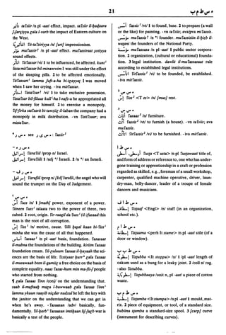 21

,#h     tafsiir In pi -aatl effect, impact. tafsiir il-Ijaqaara        ..,.:.i   fassis I Ivtll to found, base. 2 to prepare (a wall
11art;iyya lala l-rarb the impact of Eastern culture on                or the like) for painting. -vn tafsiis; ava/pva mifassis.
the West.                                                              ..,.:.;.. mufassist In ·1 founder. mufassisiin il-Ijizb il-
~WI fit-tafsiriyya In! [art) impressionism.                            watani the founders of the National Party .
;;.. mufassirt In pi -aatl effect. mufassiraat 10tiyya                 ......:;.. mufassasa In pi -aatl 1 public sector corpora-
sound effects.                                                         tion. 2 organization, (cultural or educational) founda-
;1.1   fitfassar/vill to be influenced, be affected. kunt '            tion. 3 legal institution. dawlit il-mufassasaat rule
lissa mitfassar bil-minawwim I was still under the effect              according to established legal institutions.
of the sleeping pills. 2 to be affected emotionally.                   ..,.:.hl fitfassis I Ivil to be founded, be established.
rufassart i lamma juft-a-ha bi-tlayyat I was moved                     - iva mitfassis.
when I saw her crying. - iva mitfassar.
                                                                       1
;LI fistafsart lvil 1 to take exclusive possession.                        IJ" IJ" -
fistafsar bil-filuus kull'-ha l-na/s-u he appropriated all             ~! fiss 2 <T es> In! [mus) rest.
the money for himself. 2 to exercise a monopoly.
                                                                       3
fif-Jirka stafsarit bi-tawziil; il-laban the company had a                 IJ" IJ" -
monopoly in milk distribution. -vn fistifsaar; ava                     .:..l:i    fasaas 2 In! furniture.
mistafsar.                                                             ..:.:i     fassis 2 Ivtl to furnish (a house). - vn ta fsiis; ava
                                                                       mufassis .
                                                                       ..:.:1.1    fitfassis 2 Ivil to be furnished. -iva mitfassis.


--JIJ"-                                                                I J, IJ" -
~I J"'! fisra fiillprop  n! Israel.                                    Ja-i .Ja-.,i   fusta <T usta> In pi fustawaatl title of,
j.;1J"'! fisrafiili lladj ·1 Israeli. 2/n ·1 an Israeli.               and form of address or reference to, one who has under-
                                                                       gone training or apprenticeship in a craft or profession
-..JJIJ"-                                                              regarded as skilled, e.g., foreman of a small workshop,
~ IJ"'! fisrafiillprop n! [lsi) Israfil, the angel who will            carpenter, qualified machine operative, driver, laun-
sound the trumpet on the Day of Judgement.                             dry-man, belly-dancer, leader of a troupe of female
                                                                       dancers and musicians.
1
    IJ" IJ" -
~i fuss In! 1 [math) power, exponent of a power.                       ..J I J, IJ"-
fitneen fuss ' talaata two to the power of three, two                  ...iL!       fistaa/ <Eng!> In! staff (in an organization,
cubed. 2 root, origin. fir-raagil da fuss i (il-)/asaad this           school etc.).
man is the root of all corruption.
~! fiss I In! motive, cause. filii ljf11al kaan bi- fiss I             rlJ,lJ"-
minha she was the cause of all that happened.                          4.L!   fistaama <perh It stame> In pi -aatl stile (of a
1J"l... i fasaas I In pi -aatl basis, foundation. fasasaat             door or window).
il-mabna the foundations of the building. kiriim fasaas
foundation cream. fil-luluum fasaas il-Ijayaah the sci-                "r' "r' J, IJ" -
ences are the basis of life. fixtiyaar Ijurrs lala fasaas              ~ ."l:.-! fis{Ubba <It stoppa> In! 1 Ipl -aatl length of
il-musawaah been il-gamiil a free choice on the basis of               oakum used as a bung for a leaky joint. 2 lcoll n! rag.
complete equality. naas fasas-hum min ma-fii-fpeople                   - also fistubba.
who started from nothing.                                              ~&,la-! fis{Ubbaaya lunit n, pi -aatl a piece of cotton
11 lala fasaas finn Iconjl on the understanding that.                  waste.
saab il-~ftaalj      maca   l-bawwaab lala fasaas finn i
lamma ykuun raayib nit;dar nudxul he left the key with                 "r'r.blJ"-
the janitor on the understanding that we can get in                    ~! fistamba<Itstampa>/npl-aat/l mould,mat-
when he's away. - fasaasan ladvl basically, fun-                       rix. 2 piece of equipment, or tool, of a standard size.
damentally. fil-Ijarb l fasaasan imtiljaan lif1acb war is              bubiina stamba a standard-size spool. 3 [carp) curve
basically a test of the people.                                        (instrument for describing curves).
 