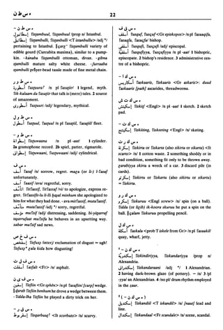 22

-':'~V"'.                                                               ~JV"' •
J".;.Ua-l fistambuul, fistanbuullprop oJ Istanbul.                      ......u...i
                                                                            rusquf, fusljuf <Gr episkopos> In pI fasaaqifa,
J.;Ua-! fistambulli, fistanbulli <T istanbullu> ladj *1                 rasaqfa, rasatjfal bishop.
pertaining to Istanbul. II ljarl fistambulli variety of
                                        I                               ~i fusqufi, fusljufi ladjl episcopal.
edible gourd (Curcubita maxima), similar to a pump-                     .:;&.i.. i fusqufiyya, fusljufiyya In pI -aatl 1 bishopric,
kin. -kanaba fistambulli ottoman, divan. -gibna                         episcopate. 2 bishop's residence. 3 administrative cen-
stambulli mature salty white cheese. -/urraaba                          tre of a bishopric.
s{ambulli pr§yer-bead tassle made of fine metal chain.
                                                                        -1.dV"'.
.J.J ~        V'" •                                                     ,.)""u~.J faskaaris, fiskaaris <Gr askaris>: duud
.;)...i  fus{UuraT In pI rasatiirl 1 legend, myth.                      faskaaris [path] ascarides, threadworms.
fik-kalaam da fasatiir that talk is (mere) tales. 2 source
of amazement.                                                           ~.:".dV"'.
~;)...i fustuuri ladjl legendary, mythical.                             ~! fiskitf              <Eng»     In pI -aatl 1 sketch. 2 sketch
                                                                        pad.
J.J~V"'.
J)'" i         fus{Uul, fas{Uul In pI fasa{iil, fasa{iill fleet.        -.:".dV"'.
                                                                        ~! fiskiiting, fiskeeting <Engl> Inl skating.
-.J~V"'.
~1)...1 fis{Uwaana      In   pI -aatl      1 cylinder.
                                                                        .:" .J .d      V'" •
2a gramophone record. 2b spiel, patter, rigmarole.                      ~   ;:...!      fiskirta or fiskarta (also sikirta or sikarta) <It
JI)...! fistuwaani, fus{Uwaani ladjl cylindrical.                       scarto> loJ 1 cotton waste. 2 something shoddy or in
                                                                        bad condition, something fit only to be thrown away.
~ V'" •                                                                 larabiyya skirta a wreck of a car. 3 discard pile (in
......i fasaf loJ sorrow, regret. maca (or li-) I-fasaf                 cards) .
unfortunately .                                                         .i;:"'1 fiskirtu         or fiskartu (also sikirtu or sikartu)
......i faasif laval regretful, sorry.                                  = fiskirta.
~bl fitfassif, fitfassaf Ivil to apologize, express re-
gret. fitfassifit-Iu ii-iii I:Jf1ial minhum she apologized to           .J .J .d      V'" •
him for what they had done. - ava mitfassif, muta fassif.               J;:"'1 fiskuruu <Engl screw> loJ spin (on a ball).
~h. mutafassif ladj *1 sorry, regretful.                                fidda (or lilib) ik-koora skuruu he put a spin on the
"""J.o mufsif ladjl distressing, saddening. bi-yifiarraf                ball. II ljalam fiskuruu propelling pencil.
tf1iarrufaat mu·fsifa he behaves in an upsetting way.
xabar mufsifsad news.                                                   J.dV".
                                                                        ~ i faska/a <prob T iskele from Gr> In pI fasaakill
U""   t
  ~ V'" •
~1 fisfuxi              linterjl exclamation of disgust ... ugh!
                                                                        quay, wharf, jetty.

fisfuxia lala kida how disgusting!                                      1_.:,.dV"'.
                                                                        ~;..I:S:....! fiskindiriyya,        fiskandariyya     Iprop     oJ
':"J~V"'.                                                               Alexandria .
..::.•li.,J    fasfalt <Fr> Inl asphalt.                                JI;..I:S:....! fiskandaraani ladj *1 1 Alexandrian.
                                                                        2 having dark-brown glaze (of pottery). - loJ 3/pl
':'~~V"'.                                                               -yyal an Alexandrian. 4 Ino pI/ drum rhythm employed
.:r-A-l fisfiin <Gr sph~n> In pI fasafiinl [carpI wedge.                in the zaar.
II qarab fisfiin benhum he drove a wedge between them.
- fidda-Iha fisfiin he played a dirty trick on her.                     Z(-.:,.dV"'.)
                                                                        J...I:S:....!     fiskandiil <T iskandil> loJ [nautl lead and
-.JJV"'.                                                                line.
j,oJ! .;.... 1 fisqarbuut T <It scorbuto> Inl scurvy.                   JI..I:S:....1     fiskandaal <Fr scandale> loJ scene, scandal.
 