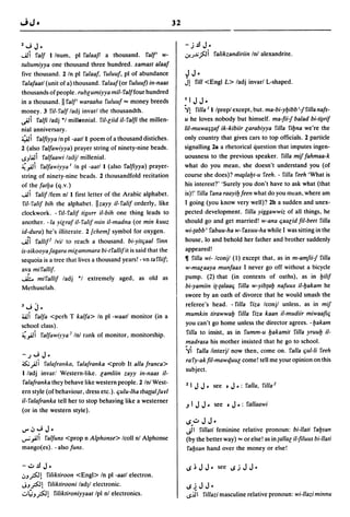 32

2"';      J•                                                           - j.!l        J.
...Ali    ralf I Inum, pi ralaaJ! a thousand. ralt' w-                 0!.)~}J i ralikzandiriin Inl alexandrite .
lullumiyya one thousand three hundred. xamasl alaaf
five thousand. 2 In pi ralaat. ruluuf, pi of abundance                 ~        J.
ralafaall (unit of a) thousand. ralaaf(or ruluuf) in-naas              Jl       rul <Engl L> ladj invarl L-shaped.
thousands of people. rubr:umiyya mil- ralffour hundred
in a thousand. II ralt' waraaha ruluuf"" money breeds                   I I J J.

money. 3 riI-ralf ladj invarl the thousandth .                         )01 rilla I        I Iprepl except, but. ma-bi-yljibb '-frilla nafs-
..;.Ii ralft ladj *1 millennia!. riI-r:iid iI-ralft the millen-        u he loves nobody but himself. ma-fii-f balad               bi-li~rif

nial anniversary.                                                      liI-muwagaf ik-kibiir r:arabiyya rilla riyna we're the
~ i ralfiyya In pi -aall I poem of a thousand distiches.               only country that gives cars to top officials. 2 particle
2 (also ralfawiyya) prayer string of ninety-nine beads .               signalling 28 a rhetorical question that imputes ingen-
.sJwi      ralfaawi ladjl millenia!.                                   uousness to the previous speaker. rilla mif fahmaa-k
~;.Ji ralfawiyya I In pi -aall I (also ralfiyya) prayer-               what do you mean, she doesn't understand you (of
string of ninety-nine beads. 2 thousandfold recitation                 course she does)? ma~/ayl-u reeh. - rilla reeh 'What is
of the falba (q.v.)                                                    his interestT 'Surely you don't have to ask what (that
...Al i ralif Ifem nl I first letter of the Arabic alphabet.           is)!' rilla 'lana raayiy feen what do you mt:an, where am
 riI- ralif bih the alphabet. II zayy iI- ralif orderly, like          I going (you know very well)? 2b a sudden and unex-
clockwork. - ri/- ralif ligllrr iI-bih one thing leads to              pected development. rilla yiggawwiz of all things, he
another. -Ia yieraf il- ralif min iI-madna (or min kuuz                should go and get married! w-ana qaar:id fil-beel rilla
id-dura) he's illiterate. 2 [chemJ symbol for oxygen .                 wi-[abb' rabuu-ha w- raxuu-ha while I was sitting in the
..Ji      ra/liF Ivil to reach a thousand. bi-yilqaal 'linn            house, 10 and behold her father and brother suddenly
is-sikooyafagara mir:ammara bi-Irallifit is said that the              appeared!
sequoia is a tree that lives a thousand years! - vn la rliif;          11 rilla wi- Iconjl (1) except that, as in m-amfii-J rilla
av~mi rallif.                                                          w-mar:aaya munfaax I never go off without a bicycle
...a:..
    mirallif ladj *1 extremely aged, as old as                         pump. (2) that (in contexts of oaths), as in yilif
Methuselah.                                                            bi-yamiin i[-[alaaq rilla w-yib[ay nafuux iI-yakam he
                                                                       swore by an oath of divorce that he would smash the
J"';      j.                                                           referee's head. - rilla riza Iconjl unless, as in mif
;wi ralfa <perh T kalfa> In pi -waall monitor (in a                    mumkin lirawway rilla riza kaan iI-mudiir miwaaftq
school class).                                                         you can't go home unless the director agrees. -Ijakam
~;.Ji ralfawiyya! Inl rank of monitor, monitorship.                    rilla to insist, as in rumm-u yakamil rilla yruuy i/-
                                                                       madrasa his mother insisted that he go to schoo!.

- J"';       J.                                                        )oi 'lalla linterjl now then, come on. 'lalla qui-Ii reeh
                                                                       ra ry-ak ftl-mawc[uur: come! tell me your opinion on this
~.;J i ralafrallka, ralafranka <prob It alia franca>
                                                                       subject.
I ladj invar! Western-like. r:amliin zayy in-naas iI-
ralafranka they behave like western people. 2 Inl West-
                                                                       2    I   J J.      see    t   J • : 'lalla.   rilla l
ern style (of behaviour, dress etc.). qulu-Iha Iba{{aljurl
iI- ralafranka tell her to stop behaving like a westerner
                                                                       .J   IJ       J.    see   t   J .:   rallaawi
(or in the western styie).
                                                                       ..;.:;.JJ.
IJ".J"';J •                                                            jl        rillali feminine relative pronoun: bi-llali raysan
..,..;;.Ji
       ralfuns <prop n Alphonse> Icoll nl Alphonse                     (by the better way) "" or else! as in [allar: iI-ftluus bi-llali
mango(es). - also funs.                                                raysan hand over the money or else!

- .;I.!l J.                                                            ..; ~ J J.           see ..; j     J J•
~J?J    I riliktiroon <Engl> In pi -aall electron .
.)J?Jl riliklirooni lad)1 electronic.                                  ..;~JJ •
..:.t;;J?Jl riliklironiyyaal/pl nl electronics.                        .s.ill
                                                                           rillazi masculine relative pronoun: wi-llazi minnu
 