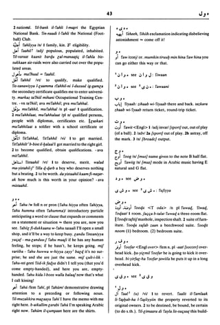 43

 2 natiorral. riI-bank iI- rahli I-m~ri the Egyptian
 National Bank. rin-naadi I-rahli the National (Foot-                     "*-i • reheeh,
                                                                          • IS •       rihiih exclamation indicating disbelieving
 ball) Club.                                                              astonishment ... come off it!
 ~i rahliyya Inl 1 family, kin. 21 eligibility.
 JAi raahiIT ladjl populous, populated, inhabited.                    JO
 riI-raraat kaanit barc[u lal-manaa{iq iI- rahla bis-                 ) raw Iconjl or. mumkin tiruub min hina raw hina you
sukkaan air-raids were also carried out over the popu-                can go either this way or that.
lated areas.
J..,..t.marhuul = raahil.                                             I    ~ I J . see ~ I J   J:   riwaan
~i rahhil Ivtl to qualify, make qualified.
ris-sanawiyya I-laamma trahhil-ni I-duxuul ig-gamla                   :z ~ I J. see :z IS ~ .: rawaani
the secondary certificate qualifies me to enter universi-
ty. marka1. tarhiil mihani Occupational Training Cen-
                                                                      ""r' J •
tre. -vn tarhiil; ava mirahhil; pva murahhal.                         ....~!riyaab: zihaab wi-riyaab there and back. ta1.kara
~j.o murahhil, murahhalln pi -aatl 1 qualification.                   l.haab wi- ryaab return ticket, round-trip ticket.
2 mu rahhilaat, mu rahhalaat Ipl n! qualified persons,
people with diplomas, certificates etc. IIlaskari                     .:J J •
murahhilaat a soldier with a school certificate or                    UJi rawit <Engl> lladj invarl {sport] out, out of play
diploma.                                                              (ofa ball). 2/adv/2a {sport] out of play. 2b astray, off
~hl ritrahhal, ritrahhil Ivil 1 to get married.                       the mark. 3 Inl {broadc] output.
ritrahhilt i b-bint iI-balaal I got married to the right girl.
2 to become qualified, obtain qualifications. - ava                   [~.
mitrahhil.                                                            [.JI. roog In! {mus] name given to the note B half flat.
JAI:o..I ristaahil Ivtl 1 to deserve, merit. walad                    ~JI rawiig In! {mus] mode in Arabic music having E
ma-yistahil-/ rilla c[-c[arb a boy who deserves nothing               natural and G flat.
but a beating. 2 to be worth. da yistaahil kaam fi-na;ar-
ak how much is this worth in your opinion? - ava
mistaahil.
                                                                      IS ..;. J . see :z IS ..;. • : rujiyya

J ••                                                                  .j4IJ 0
..,..irahu Iw foil n or pron (rahu hiyya often rahiyya,
                                                                      i.)Ji '~Ji rooc[a <T ada> In pi ruwac[, riwac[,
rahu humma often rahumma)1 introductory particle
                                                                       roc[aat/l room. jaqqa b-talat ruwaq a three-room flat.
anticipating a word or clause that expands or comments
on a statement or situation ... there you are, now you
                                                                      II rooqit taftiifmanhole, inspection shaft. 2 suite offurn-
                                                                      iture. rooc[a xajab l.aan a beechwood suite. rooc[it
see. rabiil fi-dukkaana w-rahu tasaali I'll open a small
                                                                      noom (1) bedroom. (2) bedroom suite.
shop, and it'll be a way to keep busy. landu rinsaniyya
yuqaf - ma-landuuJ rahu maaji if he has any human                     .J.,jJ •
feeling, he stops; if he hasn't, he keeps going. mif                  .hi  roofar <Engl over> Ifem n, pi -aatl {soccer] over-
rariiba - rahu huwwa w-hiyya l.ayy i balc[ it's no sur-               head kick. ba-yilmil roofar he is going to kick it over-
prise; he and she are just the same. mif qult-i-lik -                 head. bi-yirfal-ha roofar tawiila he puts it up in a long
rahu-nti geeti riid-ik facf.ya didn't I tell you (that you'd          overhead kick.
come empty-handed), and here you are, empty-
handed. rahu kida I-boos walla balaajnow that's what
I call kissing!
~i rahu Ifem rah£, pi rahuml demonstrative drawing                    IJ JO
attention to a preceding or following noun.                           Ji raa/ J   (u) Ivil 1 to revert. raalit iI-ramlaak
riI-muzakkira malaaya rah£ I have the memo with me                    Ii- r~bab-ha 1- r~liyyiin the property reverted to its
right here. b-atkallim larabi raM I'm speaking Arabic                 original owners. 2 to be destined, be bound, be certain
right now. rahum iI-qu~aan here are the shirts.                       (to do s.th.). ril-limaara di rayla Iis-suquU{ this build-
 