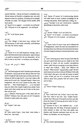 46

nected with him. - riid-ak wil-fartl. it's a hopeless case.          rloS~
fiid-ak minnu wil-farq he's a hopeless case, you can't               ....oi fuyma <T oyma> Inl 1 wood-carving, decora-
depend on him for anything. 2 foreleg (of an animal).                tive relief work in wood. 2 plastic mouldings for de-
3 handle (cf yadd). fiid mi(jaffa broom handle. IIfiid               corating wall panels, fitted cupboards, ceiling, etc.
hoon pestle .                                                        ~.,i fuymagi In pI -yyal wood-carver, carpenter
.0   fayyid Ivtl to support. - vn ta fyiid; ava mifayyid.            specializing in decorative relief work.
~h fitfayyid Ivil to be supported. - iva mitfayyid.
                                                                     1 .;,   loS ~
j   loS   ~                                                          oJy-i faYUUn <Engl> In pI ·aatl [e/ee] ion.
J-.!      fiir f In pI fuyuurl penis.                                ;'i      fayyin f Ivtl to ionize. - vn tafyiin; ava mifayyin.
                                                                     ;'h       fitfayyin Ivil to be ionized. - iva mitfayyin.
IoSjloS~
loS-id fiizi <Engl> l/adj invarl easy, relaxed. bint'
                                                                     1.;,1oS~
fiizi an easy lay. 2 ladvl easily, relaxedly. xud il-I;ikaaya
                                                                     oJ y-i fuyun, fuyin <T oyun> In pI -aatll ordinary win
fiizi take the matter simply.
                                                                     in backgammon, where the loser has succeeded in re-
                                                                     moving at least one of his men from the board (cfmars).
1
  '-":.. loS ~                                                       2 [coarse slang] an instance of sexual intercourse, a lay.
~         faayis Ivil to act with desperate courage, take a
great risk when faced with no alternative. tigii-jnifaayis
- ya (jaatil ya ma(jtuu/let's do our damnedest - all we              e loS   ~

                                                                     "-!i feeh 1 linterrog pronl what? bi-t(juul feeh what do
have to lose is our lives! -vn mifaysa; ava mifaayis.
                                                                     you say? ni[mil feeh what can (or: shall) we do? feeh
                                                                     i/-balaawi di what's all this trouble? I;a-ti(jlibii-ha
1 IJ"     loS ~ see IJ" loS , ~ : faayis
                                                                     ¥amm' walla feeh are you going to turn nasty about it,
                                                                     or what? feen il-filuus. - filuus feeh 'Where's the
..; loS ~                                                            money?' 'What money?' ma[aak filuus (jadd' eeh how
~i feef linterrog pronl what? (mainlyin proverbs and                 much money do you have with you? II fil;na f- feeh walla
set phrases). feef [arraf-ak how did you find out? feef              f-feeh what's that got to do with the matter in hand?
ti[mil il-malta fil-wijf il-[ikir [pro v] (what can the tire-        - ya-bn il- feeh you son of a so-and-so! 2 Irel pronl
woman do with an ugly face?) "" you can't make a silk                xallii-na nfuuf fintu [amaltu feeh let's look at what
purse out of a sow's ear. feef gaab li-gaab "" there is no           you've done.
comparison, the one is not a patch on the other. feef
I;aal law ... what would happen if ... , as in feef I;aal            e.JloS~


ba(ja law libist-i-Iku I-badla l-kul;li (if you think I look         6y-i faywa <Copt> linterjl yes.
smart now) what would you say if I put on the navy-
blue suit for you!                                                   1 loS loS ~
~! fijmi[na linterrog partl 1 why (this) and not
another? fijmi[na fana why pick on me? 2 response
                                                                     .si   fayy l/adj invarl any. fi-fayy' wa(jt at any time.
                                                                     [ala fayy' I;aal in any case. fayy' waal;id anyone.
formula in (jafya jokes (see (jafya).                                [andak fayy' fikra [an il- fuwaq do you have any idea
                                                                     about the rooms? 2 linterrog adj invarl what? bi- fayy'
..J# loS ~                                                           I;a(j(j by what right?
~i fayqan f ladvl also.                                              ~i fayyuha las fayy 1, but emphaticl any ... at all.
                                                                      fayyuha I;aaga any old thing. fi- fayyuha ma[had in
'JIoS'                                                               some institute or other. laa finta wala tafiida wala
,)ifeela <prob Copt>: feela fubb, feela fubba ""                    simsima wala fayyuha maxluu(jin kaan not you, nor
heave ho! - also heela.                                              Tafida, nor Simsima, nor any living soul.


-1oS~1oS~                                                            1   loS loS ~
fi!') faylaynar <Engl> Inl eyeliner.                               .si      fayy sound expressing pain.
 