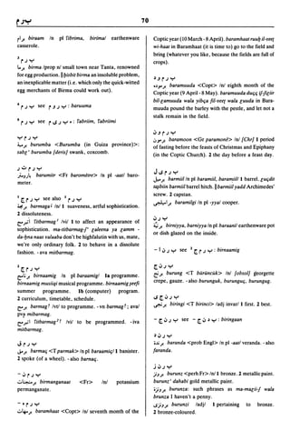70

jl J. biraam        In         pi fibrima,   birimal    earthenware        Coptic year (10 March - 8 April). baramhaat ruub il-yee(
casserole.                                                                 wi-haat in Baramhaat (it is time to) go to the field and
                                                                           bring (whatever you like, because the fields are full of
3   jj Y                                                                   crops).
L.. J. birma Iprop nl small town near Tanta, renowned
for egg production.llbisbit birma an insoluble problem,
                                                                           ~.JrjY
an inexplicable matter (i.e. which only the quick-witted                   O~.J'" J.
                                                                                   baramuuda <Copt> Inl eighth month of the
egg merchants of Birma could work out).                                    Coptic year (9 April- 8 May). baramuuda duqq if-Ji[iir
                                                                           bil-[amuuda wala yibqa fil-yee( wala [uuda in Bara-
4   r j Y see r.J j Y : baruuma                                            muuda pound the barley with the pestle, and let not a
                                                                           stalk remain in the field.
5   r   j   Y see   r IS   j    Y .: fabriim, fabriimi

                                                                           <J.JrjY
YrjY                                                                       IJ.J'" J. baramoon <Gr paramone> Inl [Chr] I period
;(,.oJ. burumba <Burumba (in Guiza province»:
                                                                           of fasting before the feasts of Christmas and Epiphany
sab[' burumba [deris] swank, coxcomb.                                      (in the Coptic Church). 2 the day before a feast day.

j'::" r j Y
                                                                           JlSrjY
ji..J.)~ barumitr <Fr barometre> In pi -aatl baro-
                                                                           J..,.. J. barmiilln pi baramiil, baramJiIIl barrel. [uqdit
meter.
                                                                           t~biin barmiil barrel hitch. II barmiil yadd Archimedes'
                                                                           screw. 2 capstan.
I   [r  Y see also I j Y
            j                      r                                       ~IJ. baramilgi In pi -yyal cooper.
~ J.  barmaga J Inll suaveness, artful sophistication.
2 dissoluteness.
                                                                           <Jj Y
~ ft'l fitbarmag I Ivil I to affect an appearance of
                                                                           ~ J. birniyya, barniyya In pi baraanil earthenware pot
sophistication. ma-titbarmag-J' [aleena ya [amm -
                                                                           or dish glazed on the inside.
da-bna naas ya/aaba don't be highfalutin with us, mate,
we're only ordinary folk. 2 to behave in a dissolute
fashion. - ava mitbarmag.                                                  - I <J j Y see   1 [   r   j   Y : birnaamig

                                                                           [<Jj Y
1   [r Y    j

~l; J. birnaamig   In pi baraamigl la programme.
                                                                           r::: J.
                                                                               burung <T bUruncuk> Inl [obsolJ georgette
                                                                           crepe, gauze. - also burunguk, burunguq, burungug.
birnaamig musiiqi musical programme. birnaamig ~eefi
summer programme.          Ib (computer) program.
2 curriculum, timetable, schedule.                                         1S[<JjY
                                                                           ~ J. biringi <T birinci> ladj invarl I first. 2 best.
~ J. barmag T Ivtl to programme. - vn barmag T; aval
pV!l mibarmag.
                                                                           - [ <J j Y see - [<J           ~   Y : biringaan
~ftl   fitbarmag 2 T Ivil to be programmed. -iva
mitbarmag.
                                                                           ~   <Jj Y
J rj Y                                                                     ...... J. baranda <prob Engl> In pi -aatl veranda. - also
..;. J. barmaq <T parmak> In pi baraamiq/l banister.                       faranda .
2 spoke (of a wheel). -also barnaq.
                                                                           j <Jj Y
-<JrjY                                                                     )J J. burunz <perh Fr> Inll bronze. 2 metallic paint.
.;.,~ J.
      birmanganaat                      <Fr>      Inl     potassium        burunz' dahabi gold metallic paint.
permanganate.                                                              ')JJ. burunza: such phrases as ma-ma[ii-J wala
                                                                           brunza I haven't a penny.
-   rj Y
    0                                                                      IS)JJ. burunzi ladjl               I pertaining    to   bronze.
.;.,~ J. baramhaat <Copt> Inl seventh month of the                         2 bronze-coloured.
 