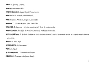 10
ÂNUS. L. (ânus). Assento.
APATOS. G. Ilusão, erro.
APENDICULAR. L. (appendere). Pendurar em.
APHANES. G. Invisível, desconhecido.
APO. G. (apó). Afastado, longe de, separado.
APODA. G. (a, sem + poda, pés). Sem pés.
APÓFISE. G. (apo, de + physis, crescimento). Área de crescimento.
APONEUROSE. G. (apo, de + neuron, tendão). Parte de um tendão.
APOSSEMÁTICO. G. Artifício (coloração, som, comportamento) usado para avisar sobre as qualidades nocivas de
um animal.
APSIS. G. Arco, alça.
APTERIGOTO. G. Sem asas.
AQUA. L. Água
AQUAMARINUS. L. Verde-azulado claro.
AQUEUS. L. Transparente (como água).
 