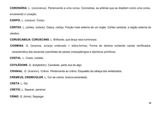 28
CORONÁRIA. L. (coronarius). Pertencente a uma coroa. Coronárias, as artérias que se dispõem como uma coroa,
envolvendo o coração.
CORPO. L. (corpus). Corpo.
CÓRTEX. L. (córtex, corticis). Casca, cortiça. Porção mais externa de um órgão. Córtex cerebral, a região externa do
cérebro.
CORUSCABILIA, CORUSCANS. L. Brilhante, que lança raios luminosos.
COSMINA. G. (kosmos, arranjo ordenado + eidos,forma). Forma de dentina contendo canais ramificados,
característica das escamas cosmóides de peixes crossopterígios e dipnóicos primitivos.
COSTAL. L. Costa, costela.
COTILÉDONE. G. (kotyledóm). Cavidade, parte oca de algo.
CRANIAL. G. (kranion). Crânio. Pertencente ao crânio. Esqueleto da cabeça dos vertebrados.
CREMEUS, CREMICOLOR. L. Cor de creme, branco-amarelado.
CRETA. L. Giz.
CRETIO. L. Separar, peneirar.
CRINO. G. (krine). Segregar.
 