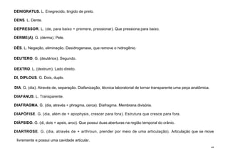 32
DENIGRATUS. L. Enegrecido, tingido de preto.
DENS. L. Dente.
DEPRESSOR. L. (de, para baixo + premere, pressionar). Que pressiona para baixo.
DERME(A). G. (derma). Pele.
DÊS. L. Negação, eliminação. Desidrogenase, que remove o hidrogênio.
DEUTERO. G. (deutérios). Segundo.
DEXTRO. L. (dextrum). Lado direito.
DI, DIPLOUS. G. Dois, duplo.
DIA. G. (dia). Através de, separação. Diafanização, técnica laboratorial de tornar transparente uma peça anatômica.
DIAFANUS. L. Transparente.
DIAFRAGMA. G. (dia, através + phragma, cerca). Diafragma. Membrana divisória.
DIAPÓFISE. G. (dia, além de + apophysis, crescer para fora). Estrutura que cresce para fora.
DIÁPSIDO. G. (di, dois + apsis, arco). Que possui duas aberturas na região temporal do crânio.
DIARTROSE. G. (dia, através de + arthroun, prender por meio de uma articulação). Articulação que se move
livremente e possui uma cavidade articular.
 