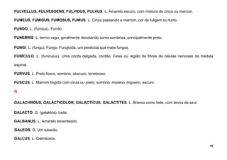 45
FULVELLUS, FULVESOENS, FULVIDUS, FULVUS. L. Amarelo escuro, com mistura de cinza ou marrom.
FUMEUS, FUMIDUS, FUMOSUS, FUMUS. L. Cinza passando a marrom, cor de fuligem ou fumo.
FUNDO. L. (fundus). Fundo.
FUNEBRIS. L. termo vago, geralmente denotando cores sombrias, principalmente preto.
FUNGI. L. (fungu). Fungo. Fungicida, um pesticida que mata fungos.
FUNÍCULO. L. (funiculus). Uma corda delgada, cordão. Feixe ou região de fibras de células nervosas da medula
espinal.
FURVUS. L. Preto fosco, sombrio, obscuro, tenebroso.
FUSCUS. L. Marrom tingido com cinza ou preto; sombrio; moreno ,trigueiro, escuro.
G
GALACHROUS, GALÁCTICOLOR, GALACTICUS, GALACTITES. L. Branco como leite, com laivos de azul.
GALACTO. G. (galaktós). Leite.
GALBANUS. L. Amarelo esverdeado.
GALEOS. G. Um tubarão.
GALLUS. L. Galináceos.
 