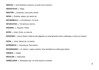 55
INDICUS. L. Azul tendendo a púrpura; ou preto como nanquim.
INDIGOTICUS. L. Índigo.
INDUTOR. L. (inducere). Levar para, excitar.
INFRA. L. Embaixo, abaixo, por dentro de.
INFUNDIBULO. L. (infundibulum). Um funil.
INFUSCATUS. L. Tornando-se marrom.
INGUINAL. L. (inguina). Virilha.
INTER. L. (inter). Entre, no meio de.
INTESTINO. L. (intus). Dentro. Parte do tubo digestivo ou canal alimentar entre o estômago e o ânus (ou cloaca).
INTRA. L. (intra). Dentro de, no interior.
INTRÍNSECO. L. (intrinsecus). Para dentro.
INVAGINAÇÃO. L. (in, dentro + vagina, bainha). Uma reentrância ou dobra para dentro.
IONIDES. L. Violeta.
IRICOLOR. L. Iridescente.
ISABELLINUS. L. Alaranjado sujo; cor entre branco e amarelo.
 