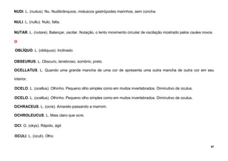 67
NUDI. L. (nudus). Nu. Nudibrânquios, moluscos gastrópodes marinhos, sem concha.
NULI. L. (nullu). Nulo, falta.
NUTAR. L. (nutare). Balançar, oscilar. Nutação, o lento movimento circular de oscilação mostrado pelos caules novos.
O
OBLÍQUO. L. (obliquus). Inclinado.
OBSEURUS. L. Obscuro, tenebroso, sombrio, preto.
OCELLATUS. L. Quando uma grande mancha de uma cor de apresenta uma outra mancha de outra cor em seu
interior.
OCELO. L. (ocellus). Olhinho. Pequeno olho simples como em muitos invertebrados. Diminutivo de oculus.
OCELO. L. (ocellus). Olhinho. Pequeno olho simples como em muitos invertebrados. Diminutivo de oculus.
OCHRACEUS. L. (ocre). Amarelo passando a marrom.
OCHROLEUCUS. L. Mais claro que ocre.
OCI. G. (okys). Rápido, ágil.
OCULI. L. (oculi). Olho.
 