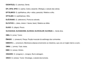 68
ODONTE(O). G. (odontos). Dente.
OFI, OFIS, OFIO. G. (ophis). Cobra, serpente. Ofiología, o estudo das cobras.
OFTÁLMICO. G. (ophthalmus, olho + eidos, parecido). Relativo a olho.
OFTALMO. G. (ophthalmos). Olho.
OLÉCRANO. G. (olekranon). Ponta do cotovelo.
OLFATIVO. L. (olere, cheirar + facere, fazer). Relativo ao olfato.
OLIGO. G. (oligos). Pouco.
OLIVACEUS, OLIVASCENS, OLIVEUS, OLIVICOLOR, OLIVINUS. L. Verde oliva.
OMA. G. (orna). Tumor.
ÔMASO. L. (omasum). Pança. Porção muscular do estômago dos ruminantes.
OMENTO. L., (omentum). Membrana adiposa encerrando os intestinos, que une um órgão interno a outro.
OMNI. L. (omnis). Tudo, todos.
OMO. G. (omos). Ombro.
ONAGRO. G. (onagros); L. (onagru). Burro selvagem.
ONCO. G. (onkos). Tumor. Oncologia, o estudo dos tumores.
 