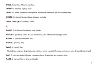 82
QUILO. G. (chylos). Alimento liquefeito.
QUIMO. G. (chymos, chylos). Suco.
QUIRO. G. (cheir). Uma mão. Quirópteros, a ordem de mamíferos que inclui os morcegos.
QUISTO. G. (kystis). Bexiga. Quisto, bolsa ou vesícula.
QUITE, QUITO(N). G. (chitom). Túnica.
R
RABDO. G. (rhabdos). Bastonete, vara, bastão.
RACEMI. L. (racemu). Cacho de uvas. Racemosa, uma inflorescência do tipo cacho.
RADIAL. L. (radius). Bastonete, raio.
RADICI. L. (radice). Raiz.
RADIO. L. (radiu). Raio.
Radiolários, um grupo de protozoários marinhos com o esqueleto formado por inúnwos raios de substância mineral.
RAFI. G. (raphis). Agulha. Ráfides, cristais em forma de agulhas, reunidos num feixe.
RAMO. L. (ramus). Ramo. Uma ramificação.
 