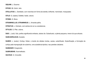 90
SQUAM. L. Escama.
STEGE. G. Cobrir, teto.
STELLATUS. L. Estrelado, com manchas em forma de estrela, brilhante, manchado, mosqueado.
STILO. G. (stylos). Estilete, haste, coluna.
STOMA. G. Boca.
STRAMINELLUS, STRAMINEUS. L. Amarelo-palha.
STRIATUS. L. Estriado, com estrias de cor ou caneladuras.
STYLOS. G. Pilar, coluna.
SUB. L. (sub). Sub, prefixo significando embaixo, abaixo de. Subarbusto, a planta pequena, menor do que arbusto.
SUBCAERULEUS. Azulado.
SUBER. L. (suber). Cortiça. Súber, o tecido de células mortas, vazias, suberificado. Suberificação, a formação da
cortiça pela impregnação de suberina, uma substância lipídica, nas paredes celulares.
SUBNIGER. Enegrecido.
SUBRUBENS. Avermelhado.
SUCHUS. G. Crocodilo
 