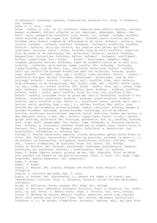 et péjoratif. boemiesa, caresse, flagornerie; mauvaise foi. étym. L. bohemius.
Cat. bohemi.
bòfa, f. V. òlva ~ òlfa
bofar ~ bufar, v. intr. et tr. Souffler; respirer avec effort; bouffer, renfler;
manger avidement, bâfrer; affecter un air important, dédaigner, hâbler. Dér.
bofa ~ bufa, mangeaille; soufflet; joue, fesse, cul. bofada ~ bufada, bouffée;
terre soulevée par une taupe, Fux. bofadèl ~ bufadèl, petit souffle, petite
bouffée; mets cévenol composé de châtaignes et de raves. bofad¡s ~ bufad¡s, long
souffle. bofador ~ bufador, soufflet. bofadura ~ bufadura, soufflure, bouffée.
bofaire ~ bufaire, celui qui souffle, qui respire avec peine; qui bâfre;
suffisant, vaniteux. bofal ~ bufal, bouffée, coup de vent; soufflet; ripaille;
plat de raves et de châtaignes, Cév. bofalièra, fanfaron, vantard. bofalha,
mangeailles, victuailles. bofalhar, bâfrer. bofament ~ bufament, soufflement.
bufana, orgueilleux, Toul. bofani ~ bufani , bourrasque, tempête, temps
orageux; personne ventrue. bofanèla, fagot de sarments courts en un seul bloc.
bofanièr ~ bufanièr, gros ventre, homme joufflu, Cév. bofarada ~ bufarada,
longue bouffée, coup de vent; fig., résolution incertaine. bofard ~ bufard,
celui qui souffle les grandes bouteilles dans les verreries. bofarda, grosse
pipe. bofarèl ~ bufarèl, -èla, adj., joufflu, vide; bouffant. bofari ~ bufari ,
soufflerie d'orgue, de haut fourneau. bofarolada ~ bufarolada, coup de vent
prolongé. bofaron ~ bufaron ~ -aròt, -a, adj., soufflé, vide, vain. bofarro,
aide d'étameur ou de chaudronnier, Rgt. bufat, -ada, adj., bouffi, enflé. bofe,
-a, adj., vide; m., enfant joufflu, Cév. bofèc ~ bufèc, -èca, adj., creux, vide,
vain. bofecari , niaiserie. bofegar, bâfrer, Quer. bofejar ~ bufejar, souffler,
haleter. bofet ~ bufet, petit souffle; éclat de rire; cul; soufflet à feu.
bofeta ~ bufeta, troisième voile du grand mât (mar.); bouffette; soufflet à feu.
bofetar ~ bufetar, souffleter. bofetàs ~ bufetàs, grand soufflet. bofeton ~
bufeton, petit soufflet à feu. bòfia, f., soufflure; creux, cavité, abri, Rgt.;
grotte, ravin, gouffre, Quer.; adj., f., enflée, bouffie, Mtp. bofin, joue
gonflée par les aliments; grosse bouchée; tumeur; testicule. bofinar, manger à
grandes bouchées. bofinada, grosse bouchée. bofinatge, action de bâfrer.
bofiòla, soufflure, boursouflure; ampoule, bulle. bofiolar, former des bulles ou
des ampoules. bof¡s, -issa, adj., bouffi, orgueilleux. bofre, -a adj., bouffi,
gorgé. bofrida, goinfrerie Cév. bofritge, goinfrerie. buf, m., souffle, haleine,
Cent. étym. buff, onomatopée. Cat. bufar. Comp. bofabren, m. Vantard; fanfaron,
Toul. bofafòc, m. Tisonneur; soufflet formé par un simple tuyau. bofa-l'aire, m.
Vantard, Toul. bofalèsca, m. Mangeur goulu. bofalièch, m. Bassinoire. Syn.
escalfalèit. bofanèblas, m. Vantard, Rgt.
bofiga, f. Vessie; baudruche; ampoule, cloche, phlyctène; aphte; bulle d'eau ou
d'air. Dér. bofigar, boursoufler, s'élever en pustules, soulever la peau; v. r.,
se gonfler, se boursoufler. bofigadura, bouffissure, enflure. bofig¢s, -osa,
adj., couvert d'ampoules, de pustules. étym. Occ. bofar. Cat. bofega.
bofon, m. Bouffon. Dér. bofonar, bouffonner. bofonada, plaisanterie, facétie.
bofonaire, qui bouffonne. bofonari , bouffonnerie. étym. It. buffone.
bòga, f. Bogue (Sparus boops): poisson de mer. Dér. boguièra, filet de pêche
pour prendre les bogues et les petits poissons. étym. L. boca. Cat. boga. Comp.
bogaravèl, Sparus bogaraves. Cat. bogaravell.
boge, V. botge.
boget, V. buget.
bogia, f. Bougie. Dér. bogiar, bougier une étoffe. étym. Bougie, ville
d'Algérie.
bogica, f. Salsifis des prés, Rgt. V. boja.
bogre, m. Bougre. Dér. bograssejar, v., passer son temps à un travail peu
rémunérateur, ridicule. étym. L. bulgarus, bulgare, ancien nom des hérétiques
albigeois.
boida, f. Affluence, foule, presse, Alb. étym. Occ. bolida.
boièr, m. Bouvier, laboureur; escargot; Arcturus. étym. L. bovarius. Cat. bover.
boïn, -a, adj. Bovin. f. Bétail bovin. étym. L. bovinus. Cat. bovi, bovina.
boira, f. Mélange de grains, méteil; trouble, querelle; sauce trop liquide;
petit lait; perche pour fouiller l'eau. Dér. boirar, mélanger; farfouiller;
troubler; v. r., se gorger, s'empiffrer. boirad¡s, -adissa, adj., qui peut être
 