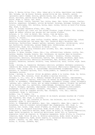 bòla, f. Boule; bille; fig., tête. téner pè a la bòla, équilibrer son budget.
Dér. bolada, jet de boule. bolard, grosse bille de jeu. bolaròt, goujon
(poisson); petit homme. bolica, petite boule, Gui. bolicar, rouler comme une
boule. bolichon, petite boule Aude. bolet, boulet de canon. boleta, petite
boule. étym. L. bulla. Cat. bola.
bòla, f. Borne, limite, Castres. Var. biòla, Quer. Dér. bolar, borner, limiter.
bolaire, arpenteur. bolament, action de borner. bolatge, bornage. bolejar, être
voisin, limitrophe, Cév. bolièra, borne, Quer. bolàs, tertre au bord d'un étang,
Mtp. étym. L. bulla.
bòla, f. Scirpe; massette d'eau, Cév., Mtp.
bòla, f. Rejeton qui vient sur une souche d'arbre; loupe d'arbre. Dér. bolada,
cépée de chêne; rejeton qui pousse sur une souche d'arbre.
bolacar, v. tr. Lier un balai. Dér. bolac, lien de balai, Alb.
bolbena, f. Terre argilo-sablonneuse, Cent., Toul., Alb., Quer.
bolcar, V. volcar.
boldoira, f. Fouillis, amas confus; trouble, mêlée, zizanie; confusion, cohue;
détritus entraînés par les eaux, Rgt. Var. bordoira Mtp.; bordolha. Dér.
boldoirar, farfouiller; remuer; agiter, secouer, grouiller. boldoiraire, celui
qui farfouille. boldoiràs, grosse femme sale. boldoiratge, action de
farfouiller. étym. Occ. bolidoira et borda + oira.
boldon, m. Pièce de bois flexible pour arrimer, Aur. Dér. boldonar, arrimer à
l'aide d'un (r) boldon ¯.
boldra, f. Boue, bourbe, limon, Cév.; lie, effondrilles; ordures, crotte. Var.
baldra, baudra, brauda, brauta. Dér. boldracar, se vautrer dans un bourbier.
boldrada, boue; lie; marc de vendange. boldrar ~ boldrir, fouler, écraser,
patrouiller, meurtrir, bouleverser, battre, Rgt. boldràs, bourbier, mare sale.
boldrejar, patrouiller; meurtrir; bouleverser, Rgt. boldròc, petit dr"le.
boldròi, baudroie, Leucate. boldr¢s, -osa, barbouillé, sale, crotté. étym. Germ.
brod.
bolèg ~ bolièg, m. Camomille (Anthemis nobilis); anthémis (Anthemis arvensis);
camomille des chiens (Anthemis cotula); matricaire (Matricaria chamomilla). Var.
bolets. Comp. bolèg gròs, m. Leucanthème (Leucanthemum corymbosum), Toul. bolèg
ponchut, m. Pallenis spinosa, Toul. bolèg pudent, m. Camomille des chiens
(Anthemis cotula).
boleg ~ bolieg, m. Boulier (filet de pêche); pêche à la traîne. étym. Gr. bolos.
Cat. bolitx. Dér. bolejon, filet de pêche à mailles étroites.
bolegar, v. tr., intr. et r. Remuer; changer de place; secouer, réprimander;
bouger; se remuer; s'agiter, frétiller; se donner du mouvement; intriguer. Dér.
bolèc, m, mouvement, remue-ménage. bolegada, mouvement; troupe, cohue. bolegad¡s
-adissa, adj., mobile, leste, qui se remue aisément; meuble, friable (en parlant
de la terre), Rgt; m., agitation, remue-ménage. bolegaire, celui qui remue,
s'agite. bolegal, reproche, réprimande. bolegament, remuement,frétillement.
bolegatge, action de remuer. boleguet, -eta, adj., remuant, tracassier.
bolegueta, sorte de rigaudon ancien, Rgt. boleguiu, -iva, adj., mobile,
inconstant. étym. L. bullicare .
bolèmi, -ia, V. boèmi, -ia
bolena, f. Larve de l'oestre du cheval et du boeuf; grosses mouches de l'ordre
des diptères, Cév. étym. L. pullina.
bolenièr, -a, adj. Qui concerne la farine. Sac bolenièr, sac à farine. Var.
balenièr. étym. L. pollinarius ?
bolet, m. Champignon en général, Quer. Syn. camparòl; cèpe, Rgt.; agaric. Dér.
boladièra, lieu où viennent naturellement des champignons, Cév. étym. L.
boletus. Cat. bolet. Comp. bolet d'anhèl, m. Vesse de loup (champignon), Cév.
bolet d'olm, m. Polypore écailleux, Aude. bolet roge, m. Oronge. bolet
d'amorièr, m. Armillaria mellea, Aude. bolet de brusc, m. Polyporus fomentarius,
Aude. bolet briquetat, m. Lactarius deliciosus. bolet fòl, m. Lactarius
piperatus. bolet de noguier, m. Polyporus squamosus. bolet d'oliu, m. Pleurotus
olearius, Aude. bolet de pin, m. Boletus granulatus, Aude. bolet de prat, m.
Psalliota campestris, Aude. bolet sagn¢s, m. Lactarius deliciosus, Aude.
bolfre ~ bòufre, -a, adj. Pâle, Quer.; bouffi, Rgt.
bolha, f. Friche, jachère, Rgt.
 