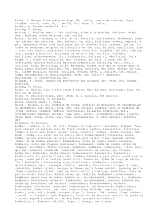 bolha, f. Marque d'une pièce de drap. Dér. bolhon, peson de romaine; figue
tardive. bolhut, -uda, adj., renflé, Gui. étym. L. bulla.
bolhòt, m. Fausse camomille, Alb.
bolièg, V. boleg.
bolina, f. Bouline (mar.). Dér. bolinar, aller à la bouline, bouliner. étym.
Angl. bowline, corde de proue. Cat. bolina.
bolir ~ bolhir ~ bolher, v. intr. et tr. Bouillir; bouillonner; fermenter, cuver
(en parlant des raisins). Dér. bolhent, -a, adj., bouillant; ardent, emporté; m.
pl., aspersion d'eau très bouillante sur la lessive; fig., transes. bolida, f.,
cuvée de vendange; ce qu'on fait bouillir en une fois. bolidor, bouilloire, cuve
; lieu très chaud ; source bouillonnante; fondrière, bourbier. bolidor, -idoira,
adj., prompt à bouillir. bolidura, ce qu'on a fait bouillir. boliment,
ébullition, effervescence; fig., indignation. bolison, f., ébullition, foule.
bolha, f., soupe aux anguilles, Mtp. bolhaca, eau sale, flaque; eau de
châtaignes; mauvais bouillon; mauvaise préparation culinaire, Rgt., Cent.;
souillon. bolh, ébullition, bulle. bolharga, enfant sale qui se vautre dans la
boue, vieux chiffons souillon, Aur. bolhàs, bourbier, eau sale, gâchis. bolhit,
m., viande bouillie. bolhon, bouillon, potage. étym. L. bullire. Cat. bullir.
Comp. bolhabaissa, m. Bouillabaisse. étym. Occ. bolhir + abaissar.
boliscauda, f. Chauve-souris, Gui.
bolnada, f. Panse, intestins; bas-ventre des animaux, Cév. étym. Occ. bodena,
bodenada.
bolòfa, V. vòlva.
bolon, m. Boulon, clou à tête ronde à écrou. Dér. bolonar, boulonner. étym. Fr.
boulon, de boule.
bolon, m. Bouillon blanc, Quer. étym. B. L. bugillo, mot gaulois.
bolonièr, balonièr, V. bolenièr.
bolsa, bols¢s, Quer. V. bosa.
bolza ~ bolzes, f. pl. Soufflet de forge; soufflet de martinet; de chaudronnier
ou d'étameur. Var. bòuja, boja, Cév. Dér. bolzar, souffler avec le soufflet de
forge; battre, frapper; bâfrer; farfouiller. bolzaire, souffleur; fig.,
entremetteur; hâbleur. bolzut, -uda, adj., ventru; proéminent; avide, glouton.
étym. Gaul. bulga, poche, sac. Comp. bolzapanetas, m. Gros mangeur; goinfre,
Bif.
bolzinar, V. bosinar.
bombar ~ bombir, v. tr. et intr. Frapper un coup sourd; assommer; frapper l'eau
pour chasser le poisson vers le filet; bondir, sauter, tressaillir, frétiller;
tomber à terre avec bruit; sonner creux, retentir; bomber, rendre convexe. Dér.
bomb ~ bombe, m., bruit sourd; butor, Gui.; bombardement; convexité. bomba,
bombe; grosse bouteille en terre; bouille pour agiter l'eau; massue; grosse
femme; pè de bomba, pied bot. bombadissa, volée de coups; bruit; secousse.
bombaire, celui qui frappe; bondissant. bombament, volée de coups; action de
frapper, de bomber, d'être convexe. bombança, bombance. bombancièr, -ièra, celui
qui fait bombance. bombarda, bombarde, canonnière de sureau; jeu d'orgue.
bombardar, bombarder. bombardament, bombardement. bombardièr, bombardier.
bombarineta, f., petite ribote, Rgt. bombàs, bombassi, gros gilet; grand coup de
poing; homme petit et ventru; grand bruit. bombasina, volée de coups de bâton,
Toul. bombassal ~ bombassada, coup retentissant. bombassar, ravauder
grossièrement, Rgt,. bombejar, bondir, rebondir, bouillonner; frapper à coups
redoublés. bombet, gilet; corsage de femme; petit homme rebondi. bombeta, petite
femme rondelette; corset. bombida, bruit sourd, grand coup. bombilhar, faire de
petits bonds, frétiller. bombilhaire, qui frétille. bombiment, bondissement.
bombissa, grand coup de poing. bombon, m., bourdonnement. bombona, f., bombonne.
bombonar, bourdonner, murmurer. bombonada, bourdonnement, murmure. bombonaire,
celui qui bourdonne, qui murmure. bombonament, bourdonnement, murmure.
bombonejar, bourdonner, murmurer. bombonejaire, qui bourdonne. bomborinejar,
bourdonner. bomborinar, id., Cév. bomborinada, boutade, caprice, transport.
bombut, -uda, adj., bombé, convexe. étym. L. bombus. Cat. bombat. Comp. bombacul
~ -cuol, m. Casse-cul (jeu d'enfant), chute sur le derrière; endroit en pente où
l'on est exposé à tomber sur le derrière: carrièra de bombacul.
bombasina, f. Bombasin (étoffe). étym. L. bombyx, ver à soie.
 