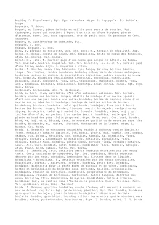 bopòla, f. Engoulevent, Rgt. Syn. tetacabra. étym. L. *upuppula. It. bubbola,
huppe.
boquejar, V. boca.
boquet, m. Coyeur, pièce de bois en saillie pour servir de soutien, Rgt.
Capboquet, coyau qui soutient l'égout d'un toit ou d'une étagère; pierre
d'attente. étym. Occ. boc; capboquet, tête de petit bouc. On prononce en Cent.
capoquet.
boquet, m. Contre-coeur de cheminée, Fux.
boquièr, V. boc.
boquin, boquina, V. boc.
bora, f. Terrain en déclivité, Aur. Dér. boral m., terrain en déclivité, Aur.
boràs, m. Borax, borate de soude. Dér. borassièra, boîte de borax des fondeurs.
étym. Ar. bouraq. Cat. borax.
borat, m., -ata, f. Ouvrier gagé d'une ferme qui soigne le bétail, sa femme.
Var. boairat, boeirat, bogairat, Rgt. Dér. boratièr, -a, m. et f., ouvrier gagé
d'une ferme, Aude. étym. L. bovarius + attus.
borba, f. Bourbe, vase, lie, Limousin. Syn. fanga, baldra, boldra, baudra,
limpa. Dér. borbar, rendre bourbeux. borbada, cohue; mets de choses mélangées.
borbatge, action de gâcher, de patrouiller. borboirar, salir, couvrir de boue,
Cév. borbolh, bourbier; grouillement intestinal. borbolhar, patrouiller,
patauger, salir. borbolh¢s, -osa, adj., tracassier, chipotier. borb¢s, -osa,
adj., bourbeux. borbotar, bouillonner. borbotge, bruit confus, cohue, Rgt. étym.
Gaul. borva.
borbossat, borbossada, Alb. V. darbossat.
bòrd, m. Bord, rive, extrémité, c"té d'un vaisseau; vaisseau. Dér. bordar,
border; coudre une bordure; longer; établir le bordage d'un navire; garnir
d'avirons une barque; tendre une voile. bordada, bordée de canons; route d'un
navire sur un même bord. bordatge, bordage de navire; action de border.
bordadura, bordure. bordaire, celui qui borde. bordejar, être bord à bord;
battre les bords; longer, border, louvoyer (mar.). bordejada, navigation en
zigzag. bordejaire, celui qui bordaille, louvoie. bordièr, -ièra, adj., qui
incline d'un c"té, en parlant d'un navire (mar.). bordièra, saule que l'on
plante au bord des prés (Salix purpurea). étym. Germ. bord. Cat. bord, bordar.
bòrd, -a, adj. et s. Bâtard, faux, de mauvaise qualité ou de mauvaise race. Dér.
bordàs, bordassàs, m., rustre, lourdaud, montagnard de la Lozère. étym. L.
burdus. Cat. bord.
bòrda, f. Bergerie de montagne; chaumière; étable à cochons; remise agricole;
ferme, métairie; domaine agricole. Syn. bòria, granja, mas, capmàs. Dér. bordac,
étable, Fux. bordal, métairie, Don. bordalat, hameau, Ag. bordalièr, -ièra,
métayer. bordari , assemblage de métairies, métairie. bordassièr, -ièra,
métayer, fermier Aude. bordeta, petite ferme. bordièr -ièra, fermier; métayer,
Laur., Alb. Quer. bordilh, petit fermier. bordilhièr -ièra, fermier, métayer.
étym. Franc. bord, cabane, hutte. Cat. borda.
bòrda, f. Immondice, fétu, détritus; débris végétaux entraînés par les eaux;
tamis, Gév.; capitules de composées, Rgt. Dér. bordalesa, débris végétaux
déposés par les eaux. bordalha, immondices qui flottent dans un liquide.
bordifalha ~ bordufalha, f., détritus entraînés par les eaux; broussailles,
bagatelles. bordari , balayures, ordures. bordeta, petit fétu. bordiga,
bordigue: dispositif pour la pêche formé de roseaux et de joncs. bordigalha,
herbes et broussailles du bord des eaux. bordigàs, hallier, broussailles.
bordigués, réunion de bordigues. bordiguièr, propriétaire de bordigues.
bordiguièra, réunion de bordigues. bordinchet, débris fangeux, détritus des
eaux. bordilha, fétu, immondices, balayures. bordilhièr, boîte à ordures.
bordissar (se), se vautrer dans l'herbe ou la poussière Quer.; froisser, Cent.
Var. gordissar. étym. ibér. *bardus?
borda, f. Massue; gourdin; houlette, souche d'arbre; mât servant à soutenir un
navire échoué; capitule, Rgt. pè de borda, pied hot, Rgt. Dér. bordàs, bordassa,
gros gourdin. bordejar, jouer du bâton. bordejaire, bâtonniste. bordeta,
houlette. bordon, gros bâton, bourdon; sillon; terre entre quatre souches; vers.
bordièr, -ièra, porte-bourdon, bourdonnier. étym. L. burdus, mulet; L. V. burda.
 